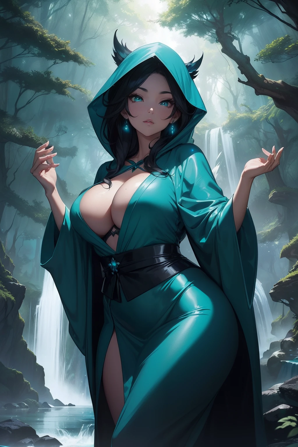 (masterpiece, best quality), sexy woman in a teal robe posing in a dark forest with luminous trees, (wearing teal robe with hood), dark robe, thicc, 8k high quality detailed art, extremely detailed artgerm, artwork in the style of guweiz, black - haired mage, seductive anime girl, mighty plump female sorceress, ((background: waterfalls))
