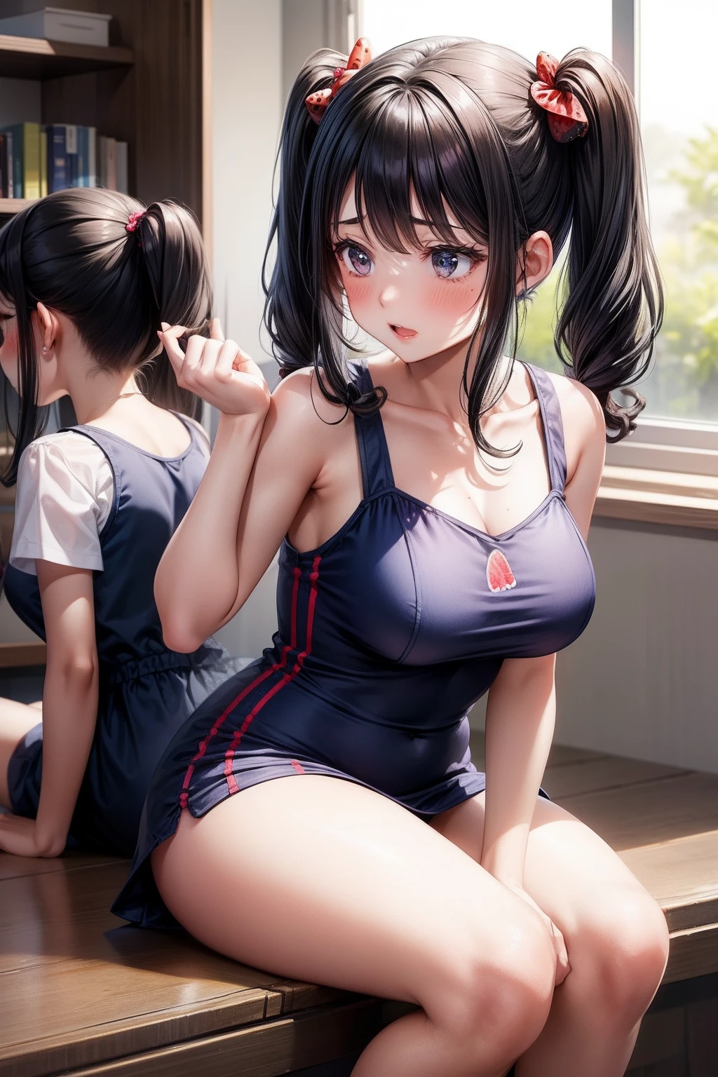 Mini dress with strawberry pattern on dark blue、Physical education sitting、Open thighs、lively、Clothes with body lines、Sheer feeling、Black hair twintails、Obsessive face、Blushing face