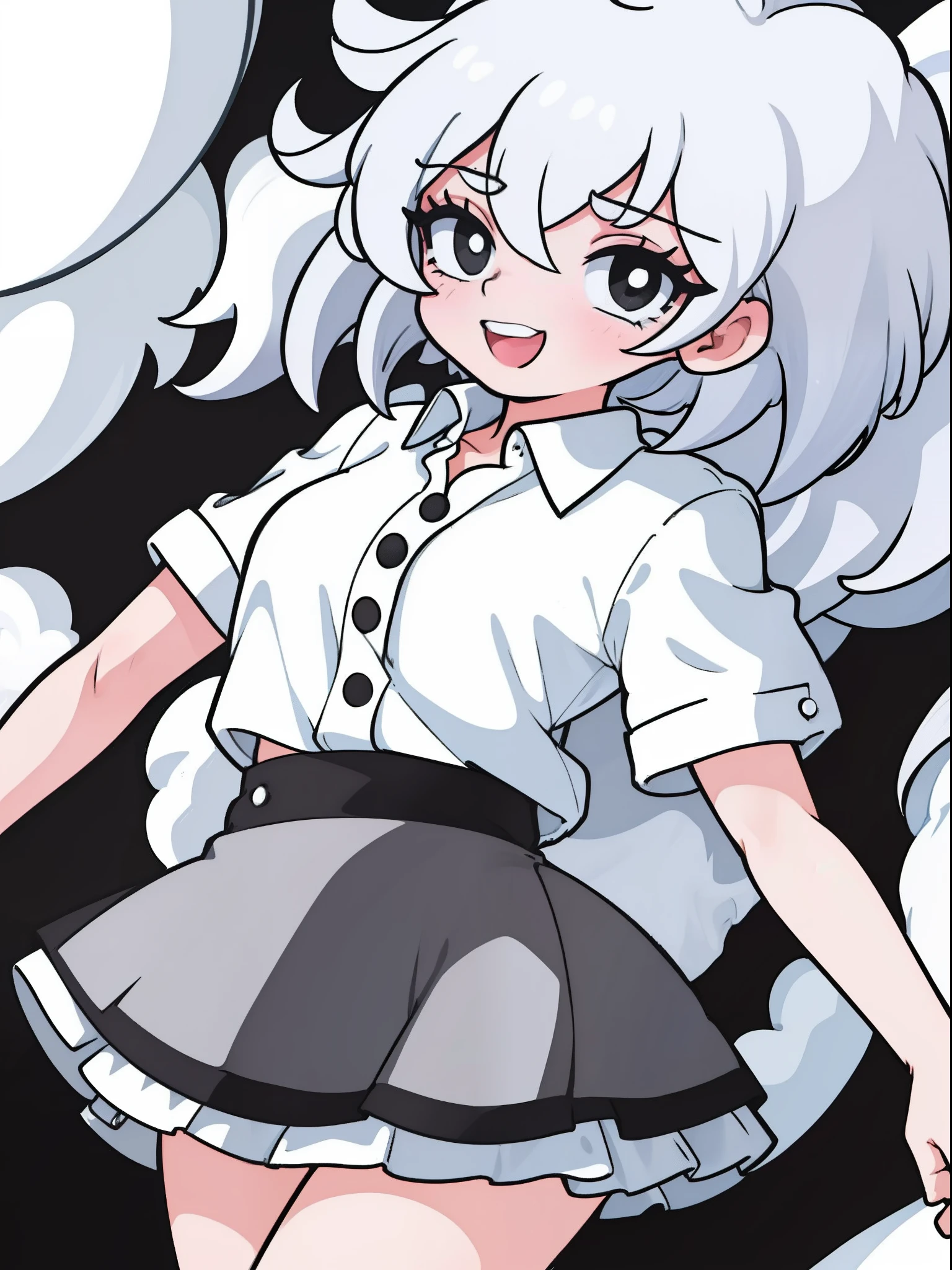 ((masterpiece, best quality)), (1girl), (solo), (female focus), (ahoge, white hair, short hair), black eyes, light smile, open mouth, ((white shirt), (buttoned shirt), (button gap)), ((black skirt), (short skirt)), standing, white background, arms behind back, dynamic angle