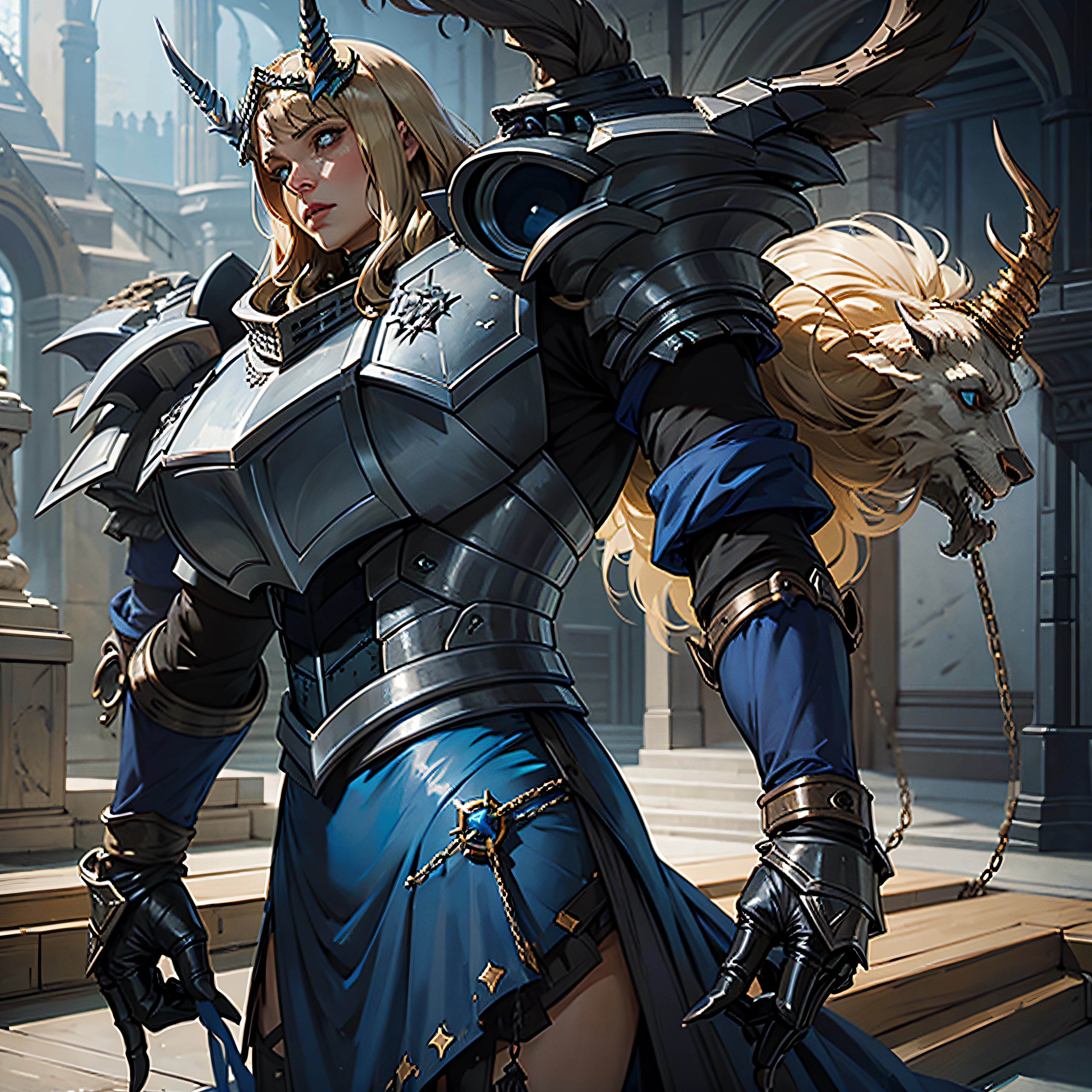 BarghestStage1, 1fille, silver armor, cheveux longs, cheveux blonds, seulement, Gantelets, Pauldrons, shoulder armor, Cornes, cuirasse, chain, gros seins, poitrine, frange, Regarder le spectateur, arme, Faulds, yeux bleus, , big breast, muscles, big boobs