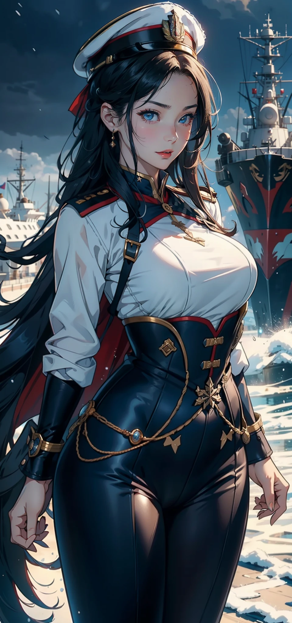 91 females，36 years old，multiple persons，熟妇，mature，Bigchest，Big breasts Thin waist，long leges，Raised sexy，Pornographic exposure， 独奏，Beauty contests，standing on your feet（Background with：the sea，snow mountains，warships，at winter season，Blizzarding，Big snowflakes）On warships， with his long black hair，Long hair flutters in the wind，dynamicposes，Sweat profusely，drenched all over the body，seen from the front， hair straight， mostly cloudy sky，（（（tmasterpiece），（Very detailed CG unity 8K wallpaper），best qualtiy，cinmatic lighting，detailed back ground，beatiful detailed eyes，Bright pupils，（Very fine and beautiful），（Beautiful and detailed eye description），Black eyes，Redlip，ultra - detailed，tmasterpiece，）），facing at camera，（The upper part of the body），A high resolution，ultra - detailed），revealing breasts，Bare genitalia，  Bulge，legs are open，sexyposture，Camel toes，Flushed complexion，Open-mouthed，frontage，military officer，Officer's cap（Wearing：White cloak，down jacket，Winter officer uniform，black legging pants，Armour，Gold wire embroidery，Snowflake decoration）