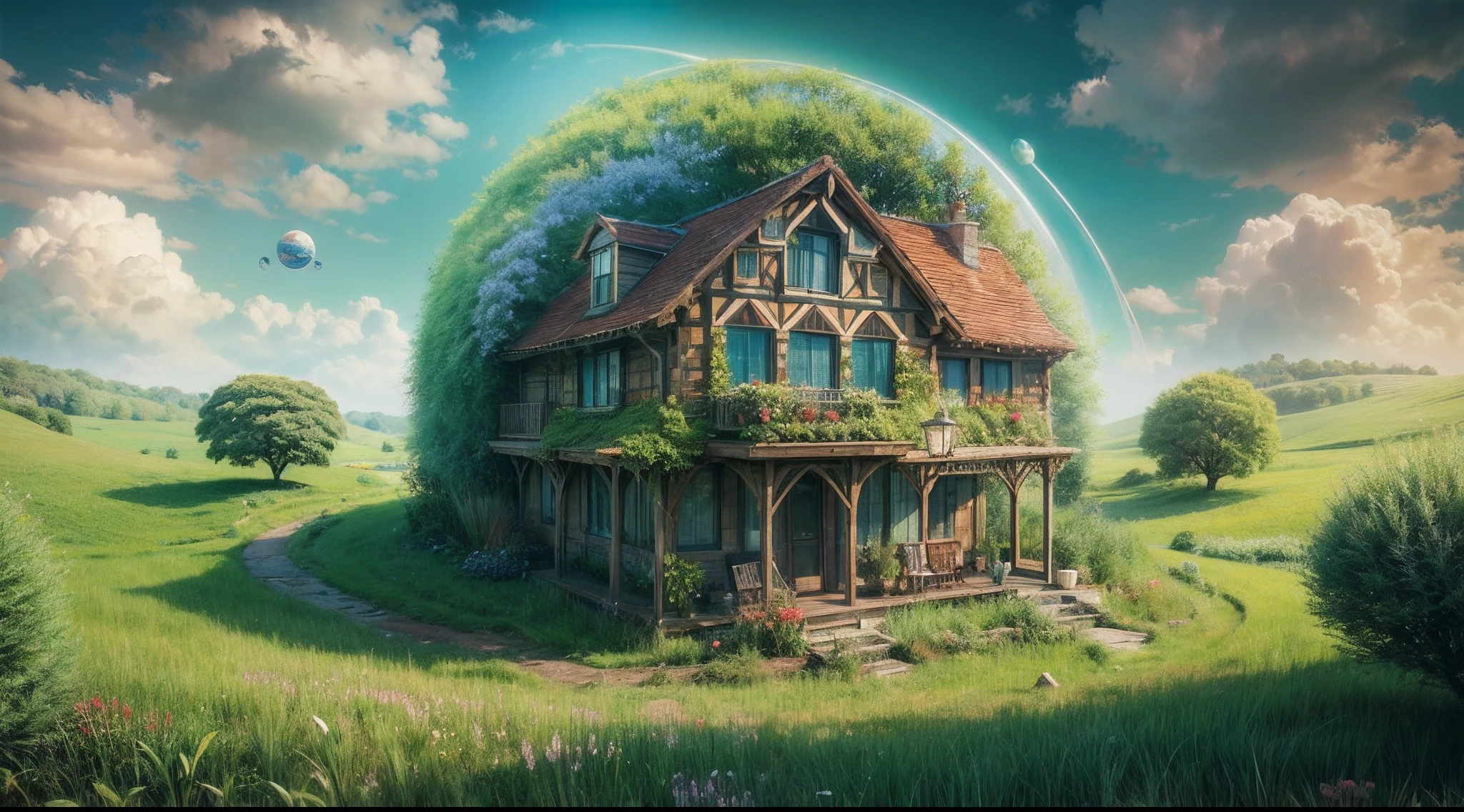 A dreamy house in the middle of a fresh green meadow、House of the Universe、Somewhere Planet、in isekai、Another dimension、very real、photo-like、, surrealism, masutepiece, Best Quality, hight resolution, in 8K