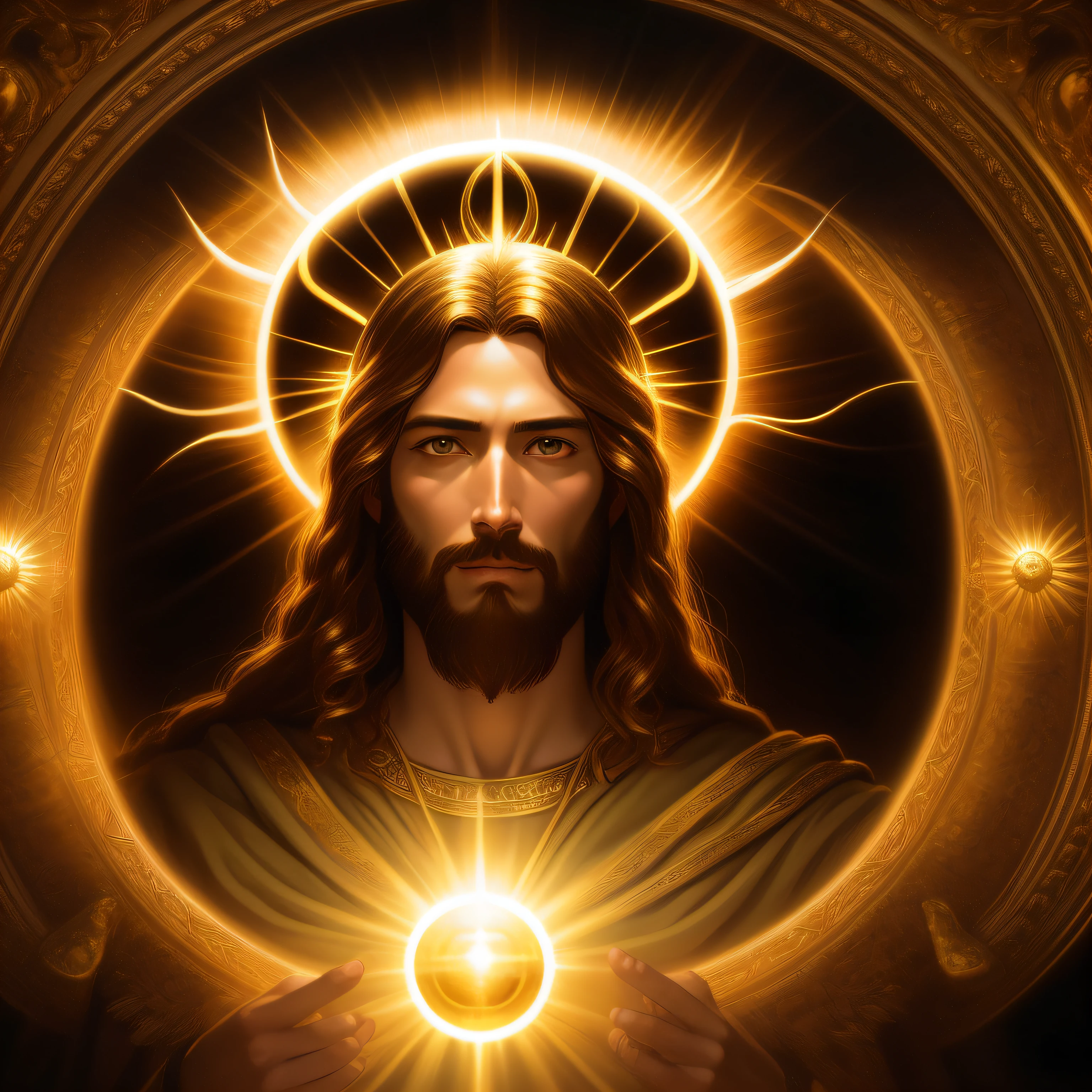highly detailed portrait of a jesus christ sun god halo of light, gold, unreal engine, art by mark ryden, lostfish, earl norem, global illumination, god rays, detailed and intricate environment, elden ring style