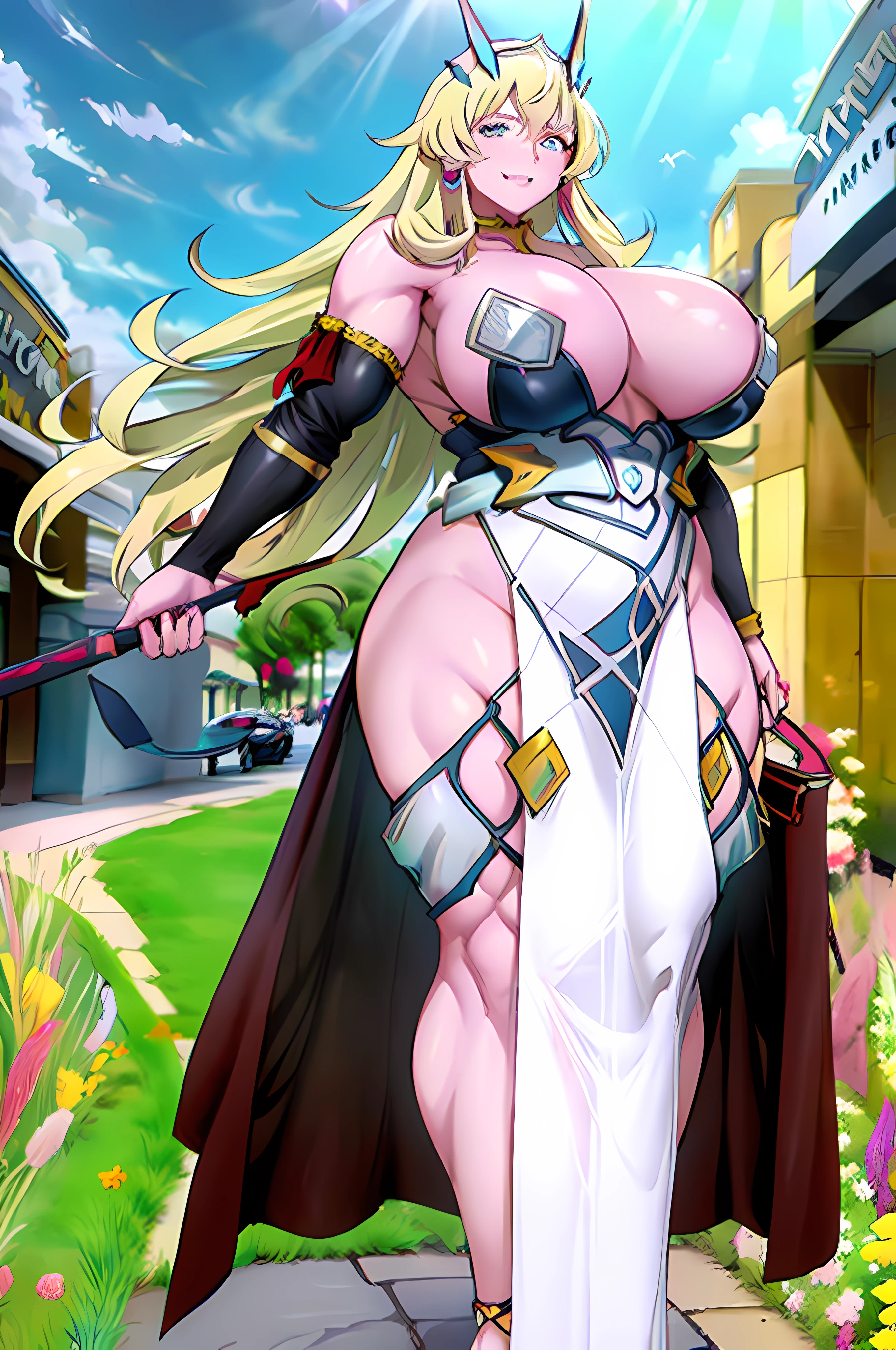 MyGauvain,Fairy Gawain Knight \(destin\),heterochromia,gros seins,muscular female,musculaire,yeux rouges, cheveux blonds, robe longue, marche, Robe victorienne,Londres, Medieval, sourire