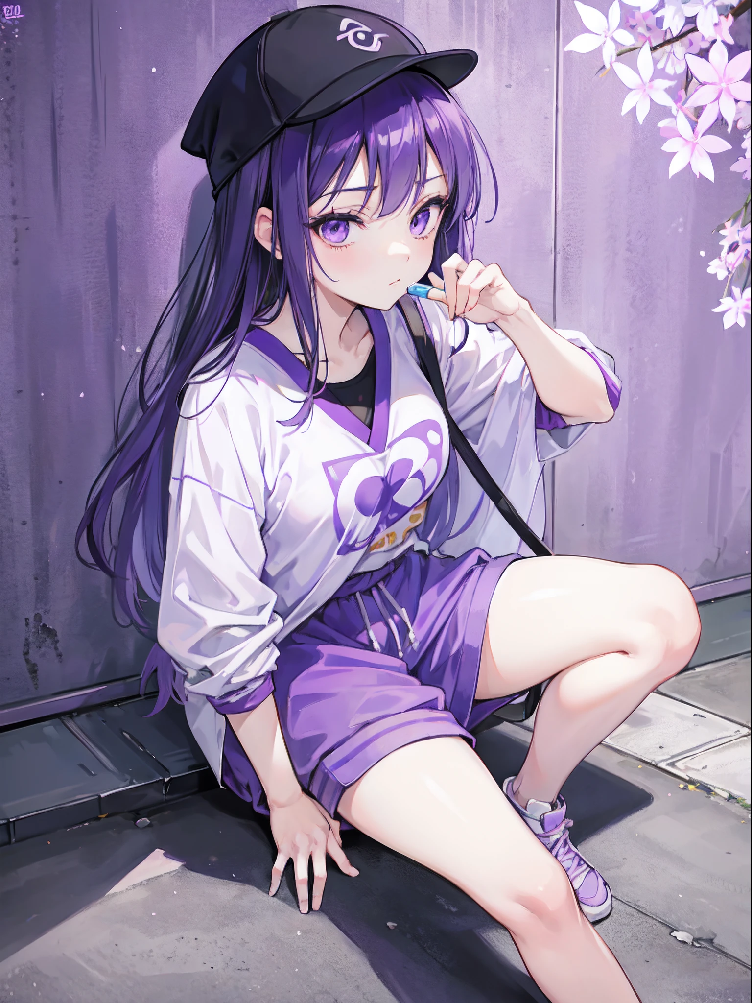Hinata hyuga from Naruto , lavander eyes, 1 girl,violet and white, purple and white, pastel violet and purple, wearing a street wear,sneakers, cap, sitting, stairs spray paint, high quality, best quality, masterpiece, ultrasharp, 8k resolution, centered, looking at the viewer, close up, medium shot, half body shot
