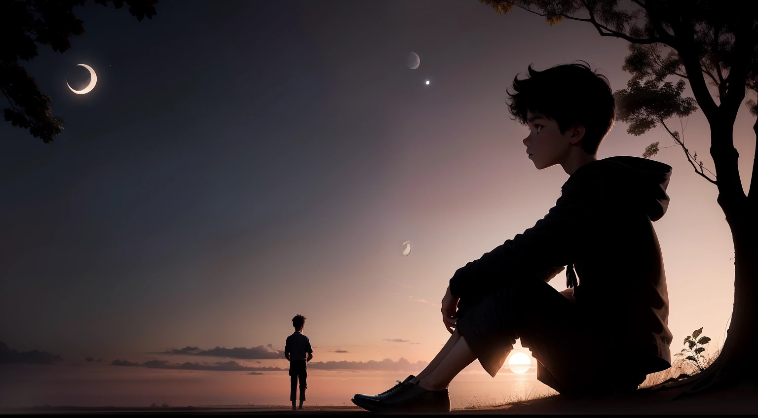 SILUETTE OF A YOUNG BOY IN THE DARKER SITTING UNDER A TREE A SMALL MOON WELL DISTANT ULTRA REALISTIC 4K