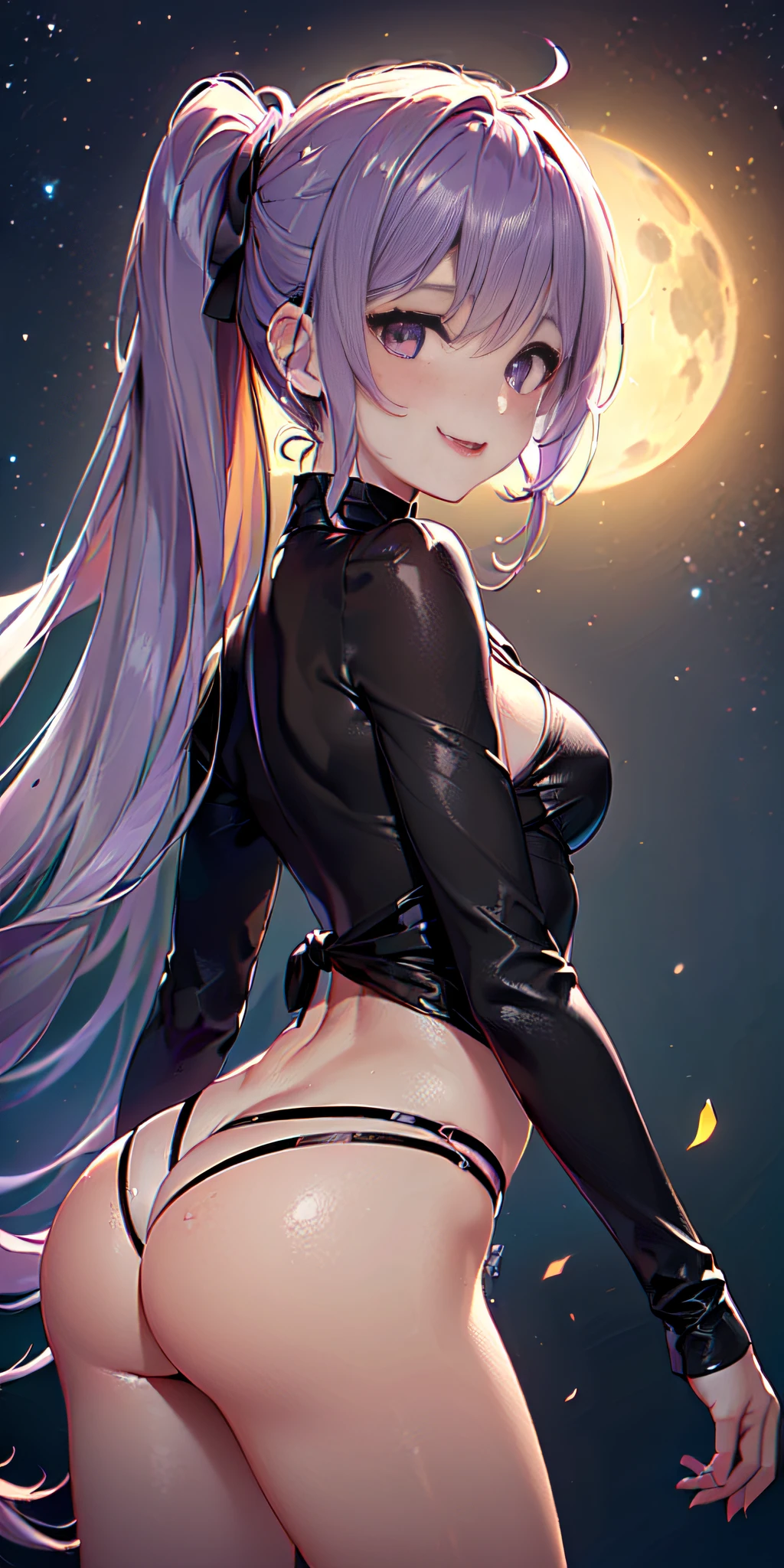 (((mujer adulta bronceada), long purple hair, ojos rojos, purple top, chaqueta de cuero, (mini falda corta de piel), slim build, sonrisa afectada, vientre abierto, senos abiertos, pitch black lipstick, obra maestra, HiQuality, Rear side solar lighting))