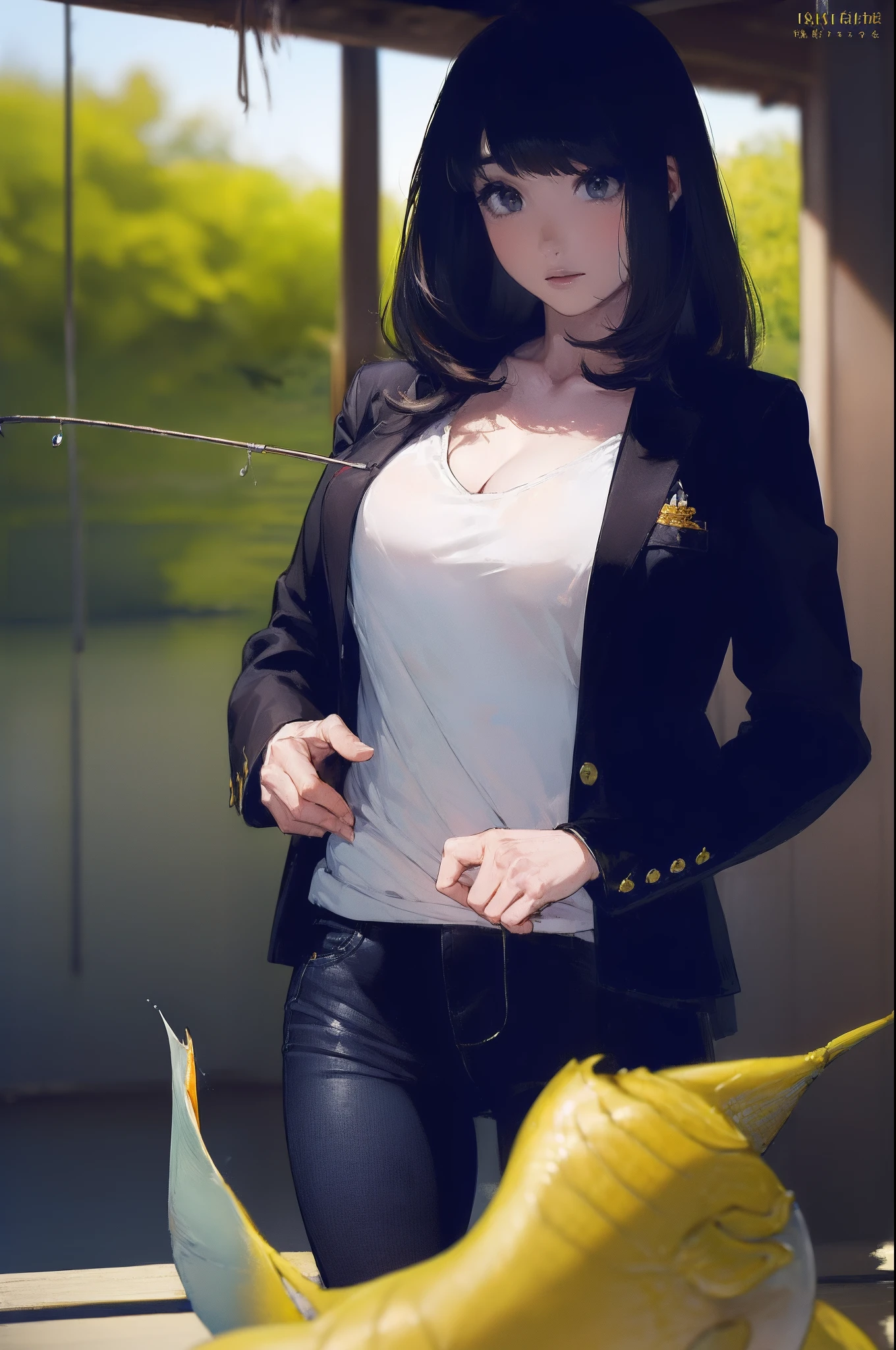 ((((catching a big fish by the lakeside:1.5)))),((Female 28 years old)),((Best Quality:1.5)),(((Hands with the correct number and structure of fingers:1.4))),((Big fish:1.37)),hight resolution,ultra-detailliert,​masterpiece,best qualtiy,(Eight-headed body),Black hair, long eyes-lashes, Solid Circle Eyes, drop shadow, Atmospheric perspective,Super Detail, ccurate, small brest,(Black jacket and black jeans :1.1),top-quality, blurry backround, bokeh dof:1.2, (​masterpiece:1.3),  Atmospheric perspective,Super Detail,dynamic compositions,
