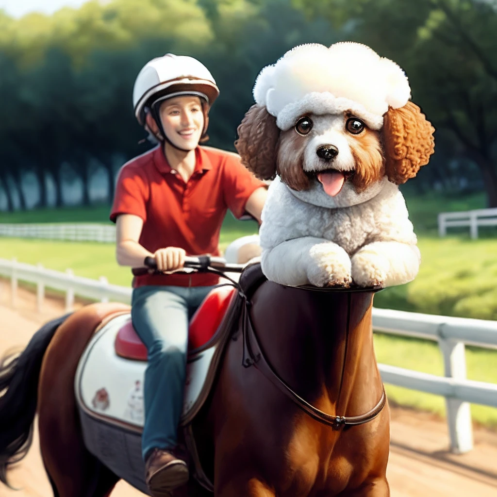 Bichon rides a horse
