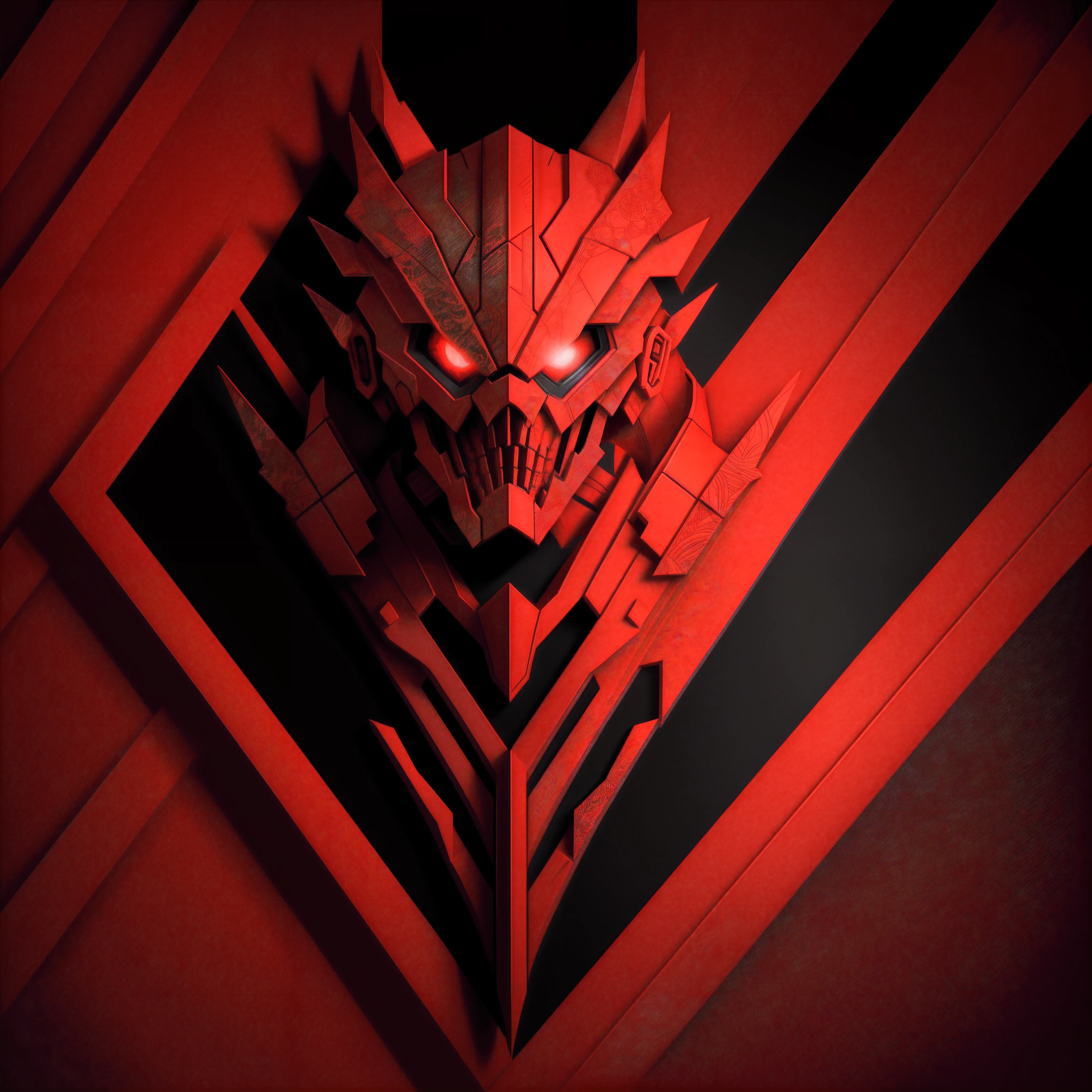 There is a red and black pattern on the wall, fundo ninja do ciborgue fractal, Resumo intrincado, Design abstrato, intricate patterns 4k, Arte 3D abstrata, fundo fractais, design abstrato de papel de parede, fundo fractal escuro, veias fractais. dragon cyborg, design de papel de parede vermelho, red biomechanical details, atmosfera vermelha tribal, Arte digital altamente detalhada em 4k