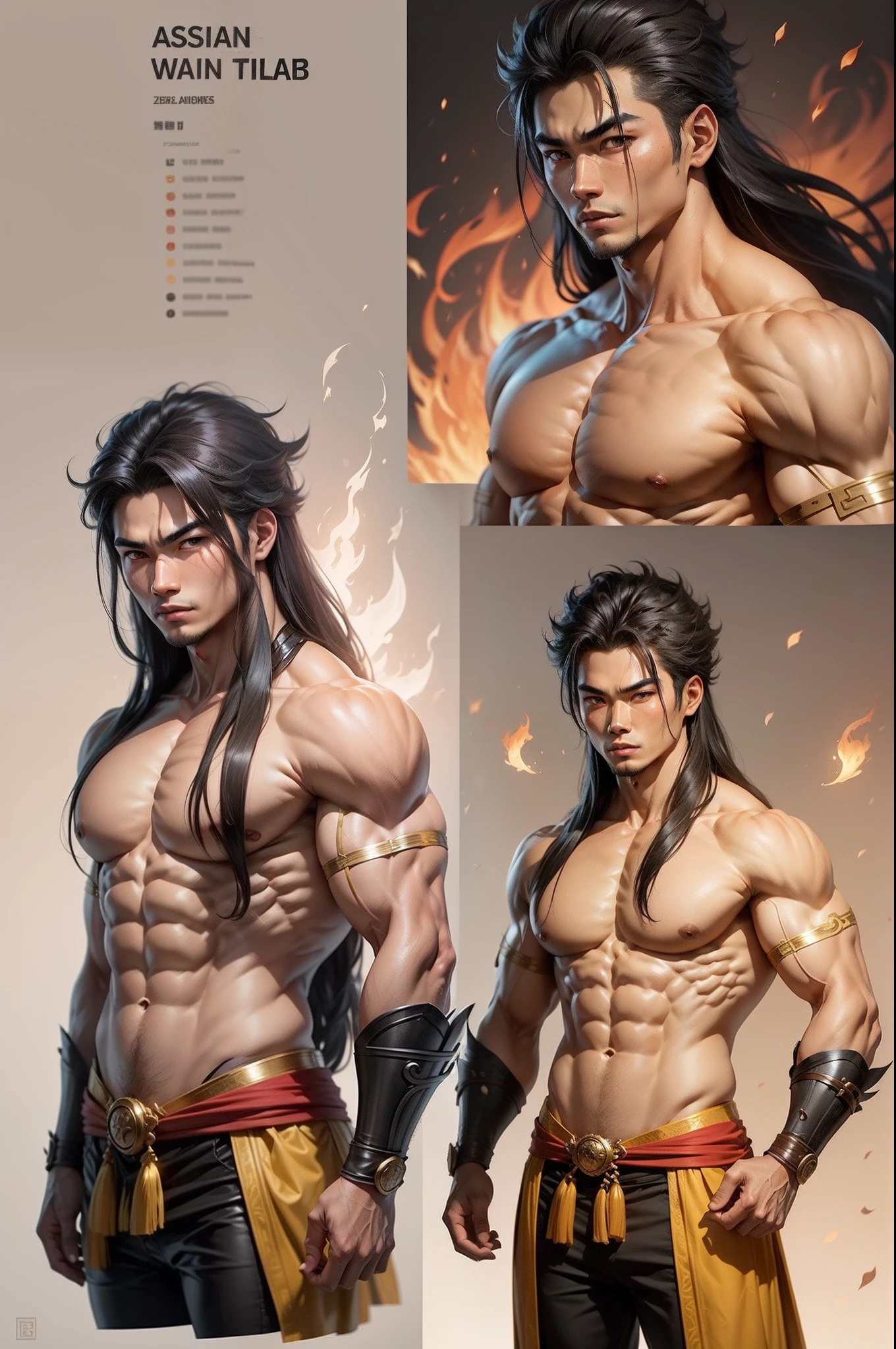 Asian male warrior tribe God of fire, character design sheet, reference sheet, different poses, muscle body, long hair red, different angles, background simple, background one color