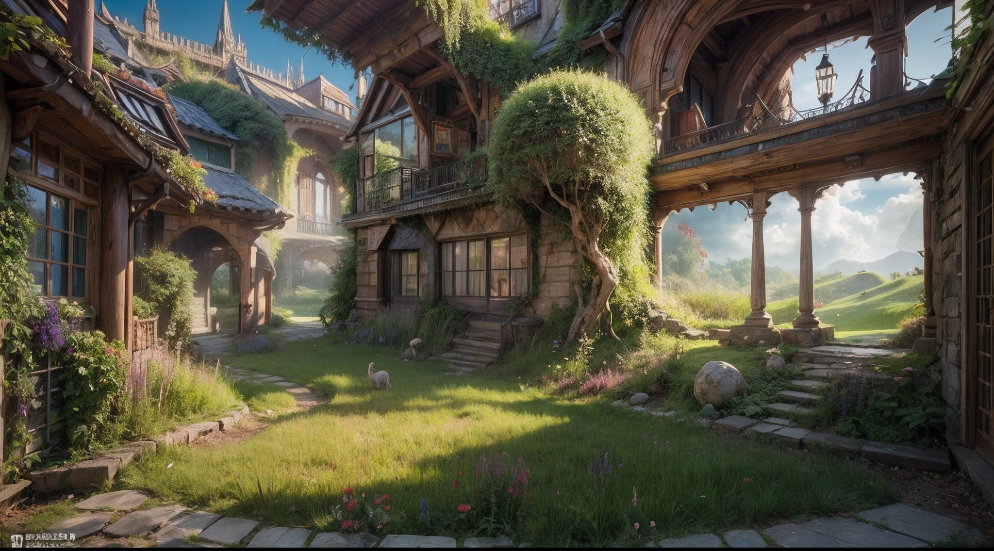 Photo taken from a computer in a house in the field, 4K highly detailed digital art, fantasy house, realistic fantasy render, 4k detailed digital art, in the art style of Filip Hodas, 3d render beeple, Home background, beautiful render of a fairytale, Overgrown planet, fantasy matte painting，Cute、very real、photo-like、, surrealism, masutepiece, Best Quality, hight resolution, in 8K