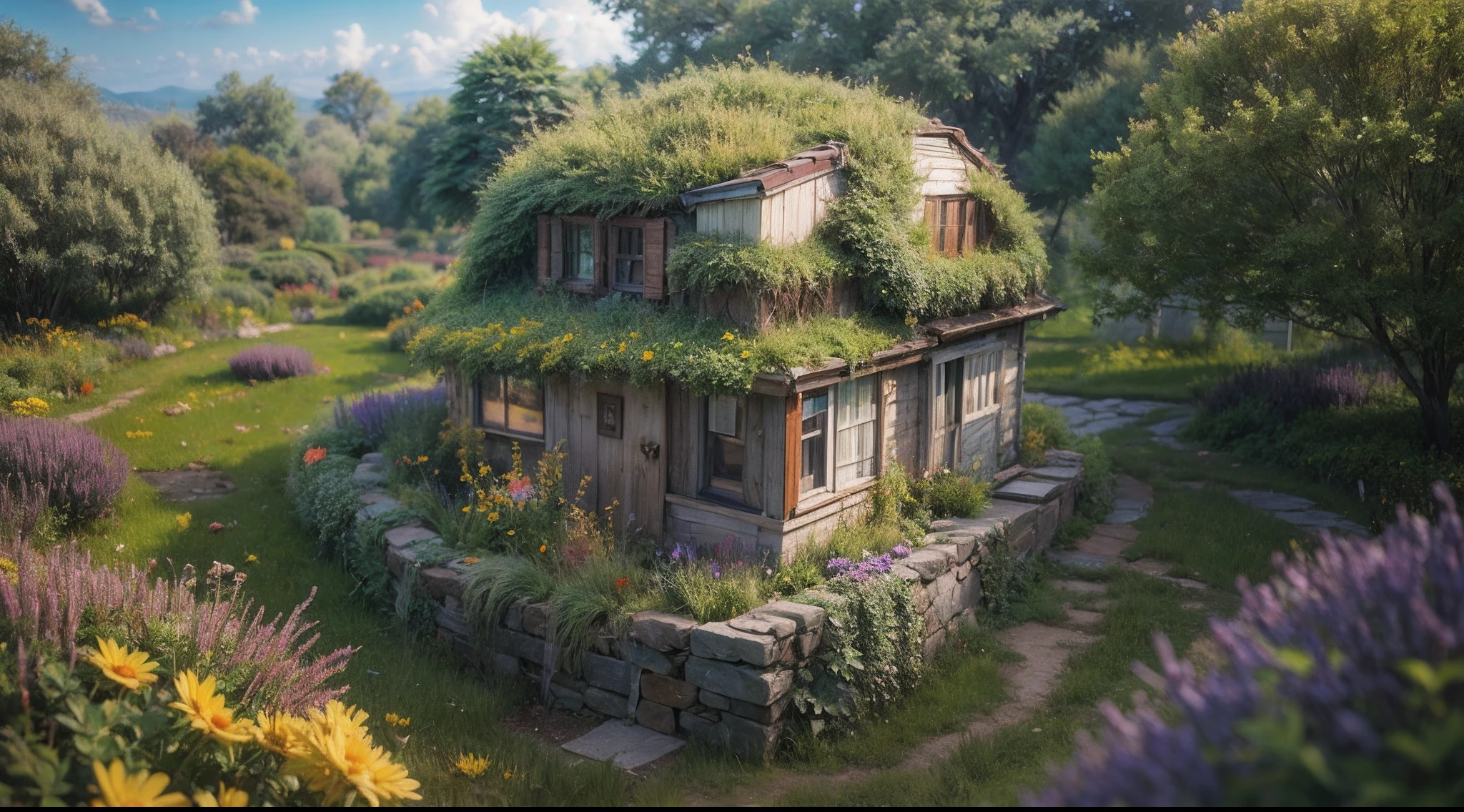 Photo taken from a computer in a house in the field, 4K highly detailed digital art, fantasy house, realistic fantasy render, 4k detailed digital art, in the art style of Filip Hodas, 3d render beeple, Home background, beautiful render of a fairytale, Overgrown planet, fantasy matte painting，Cute、very real、photo-like、, surrealism, masutepiece, Best Quality, hight resolution, in 8K