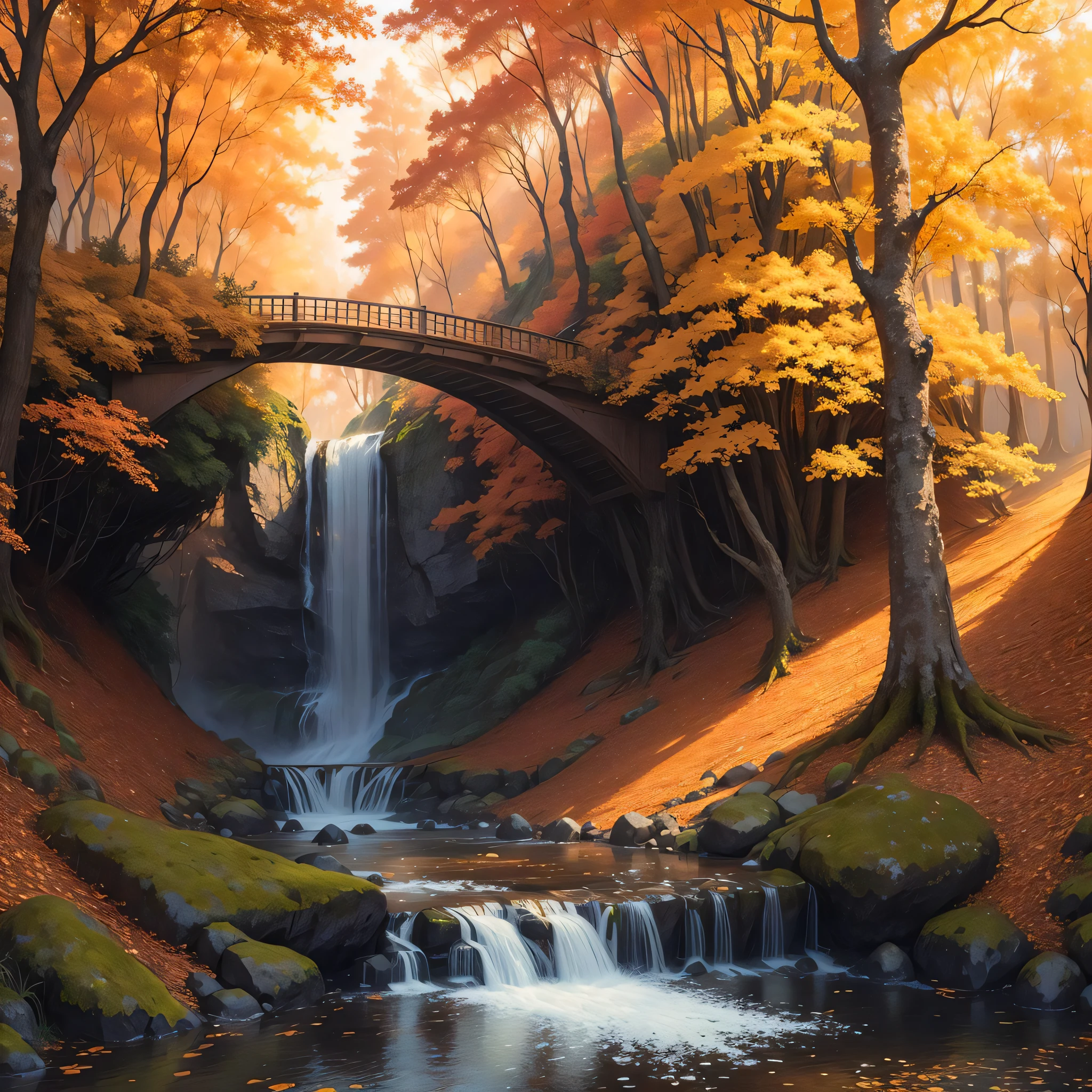 waterfall in a forest, copper and gold, autumn, fantasy, highly detailed, matte painting