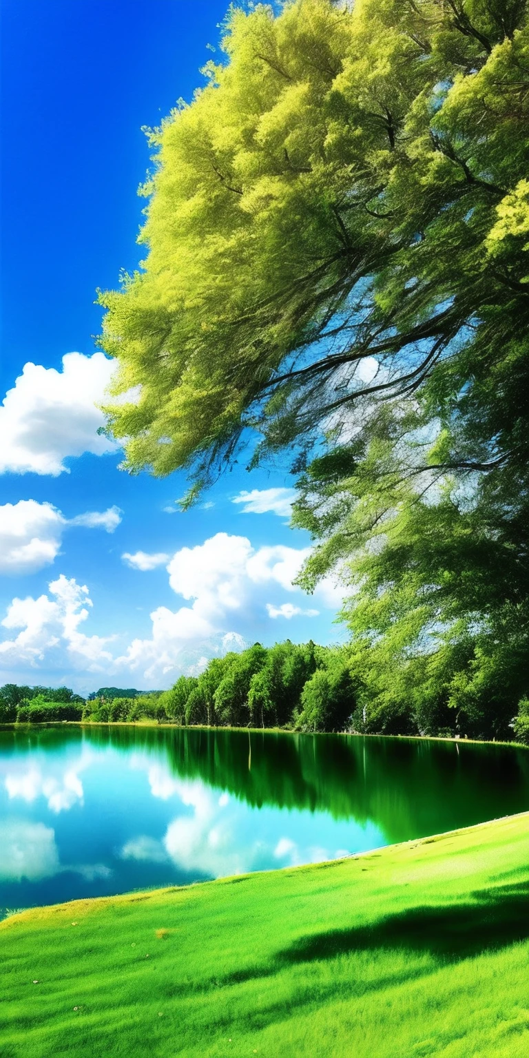 scenecy, exteriors, Skysky, Clouds, daysies, No Man, mont, in a panoramic view, Eau, The tree, blue-sky, naturey, lake, flod, mostly cloudy sky,(blue-sky,green trees,Green meadows,Lake surface)