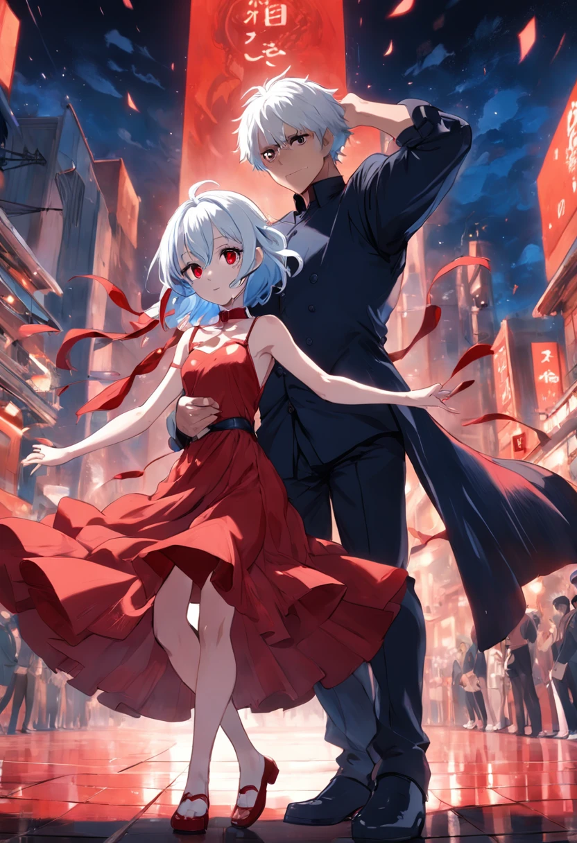 um menino gostoso, with black hair and red eyes dancing with a cute girl who has white hair and blue eyes and wearing a red dress