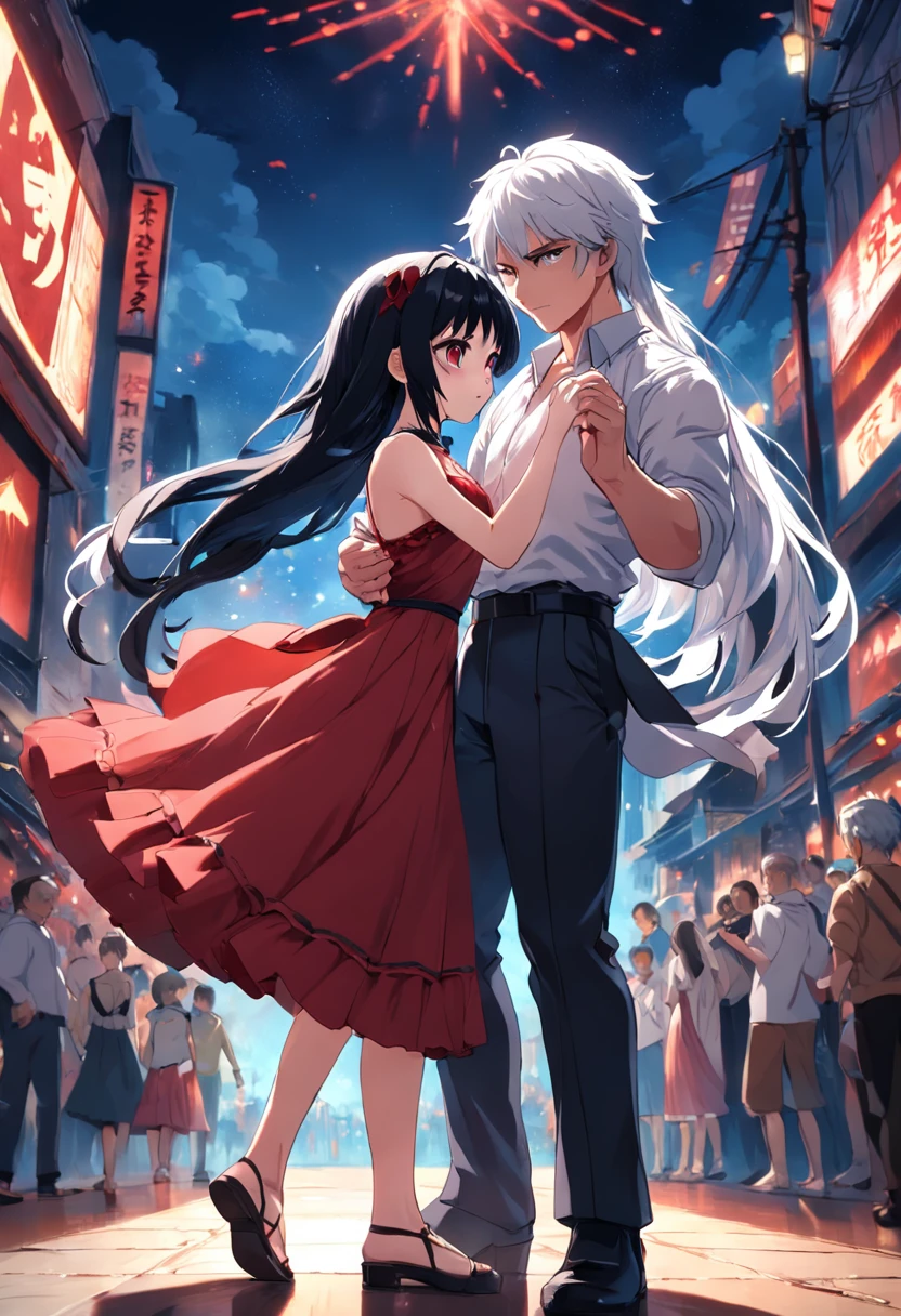 um gostoso, with black hair and red eyes dancing with a cute girl who has white hair and blue eyes and wearing a red dress