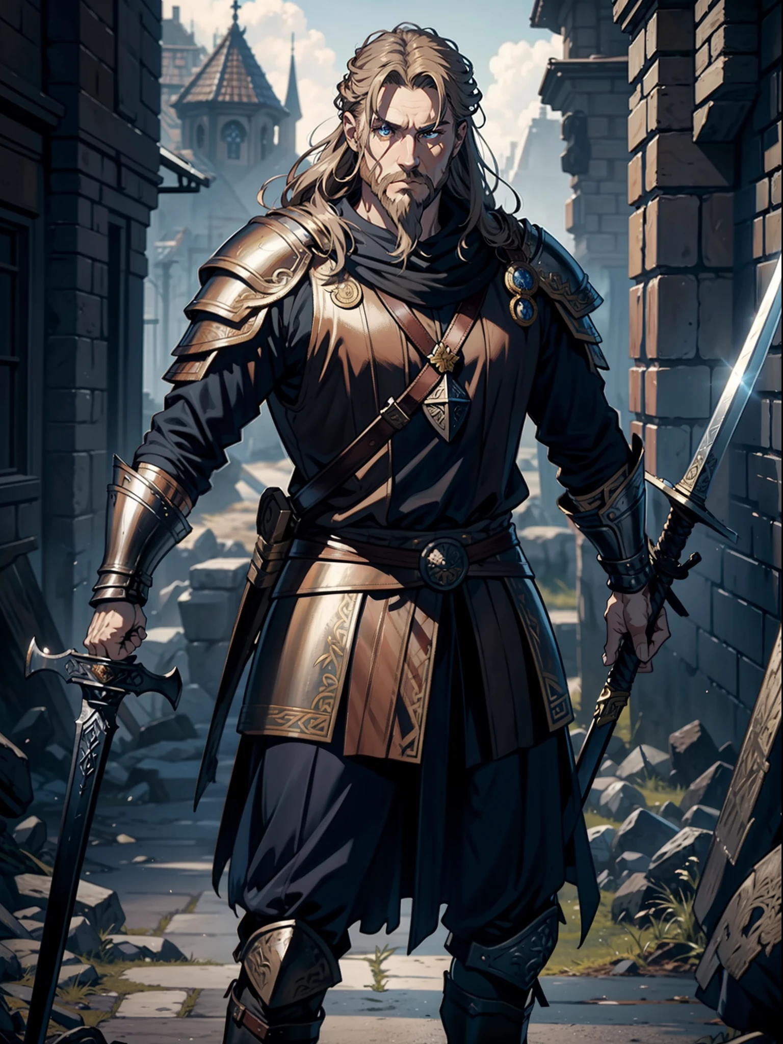 masterpiece, official art, 8k, masterpiece, best quality, highly detailed, realistic, Viking king standing with commanding presence holding a sword, very short cropped brown hair, small goatee, hazel eyes, crown, wearing full metal armor, standing, holding a sword, full body, facing forward, looking at camera, movie quality