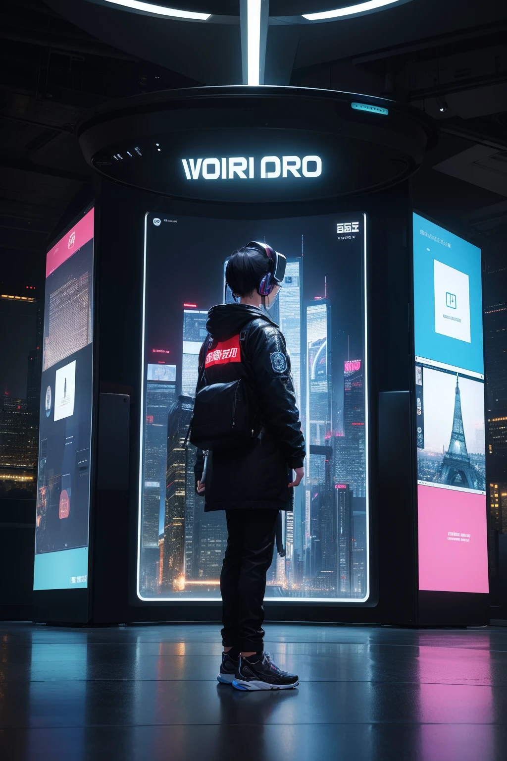 Mobile phone, it adopts a new folding screen technology， Surrounded by a colorful high-tech cityscape，A huge 3D holographic screen displays information and interactive interfaces， ao mesmo tempo，Virtual reality glasses enhance the user's visual experience，Integrate digital virtual worlds into the real world，Users can interact with digital objects through glasses，And feel the immersive virtual experience。rich details​，Futuristic，cyber punk perssonage，