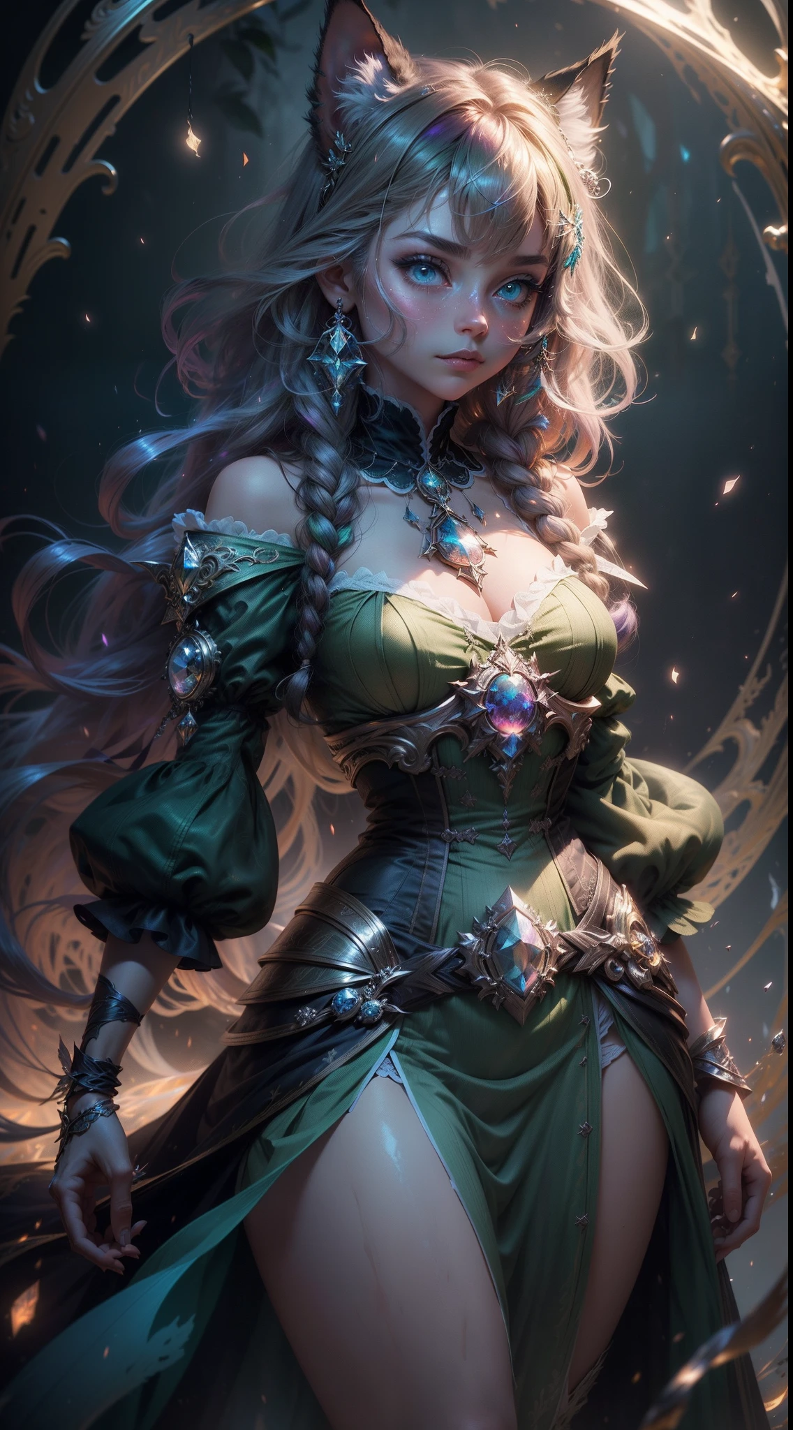((ultra-detalhado)), (Highly detailed CG illustration), ((um maincoon extremamente delicado e bonito)), Cinematic light, Create stunning fantasy art that mimics the style of the genre's currently rising masters. The artwork should contain elements of mythical fantasy with colorful details. ((Use multiple shades of blue, verde e aquarela pastel como esquema de cores principal.)) The maincoon in the artwork is a cute one with an aura of mystery and magic, olhos hipnotizantes com cores vibrantes e sombreamento arrojado. A pele do maincoon deve ser projetada com penas gossamer, seda, bordados deslumbrantes, e detalhes sutis iridescentes. Incorpore cores de sonho, dynamic lighting, and detailed background elements to create a sense of wonder and immersion. Include magical aura. Considerar, (((master part))), (((best quality)))