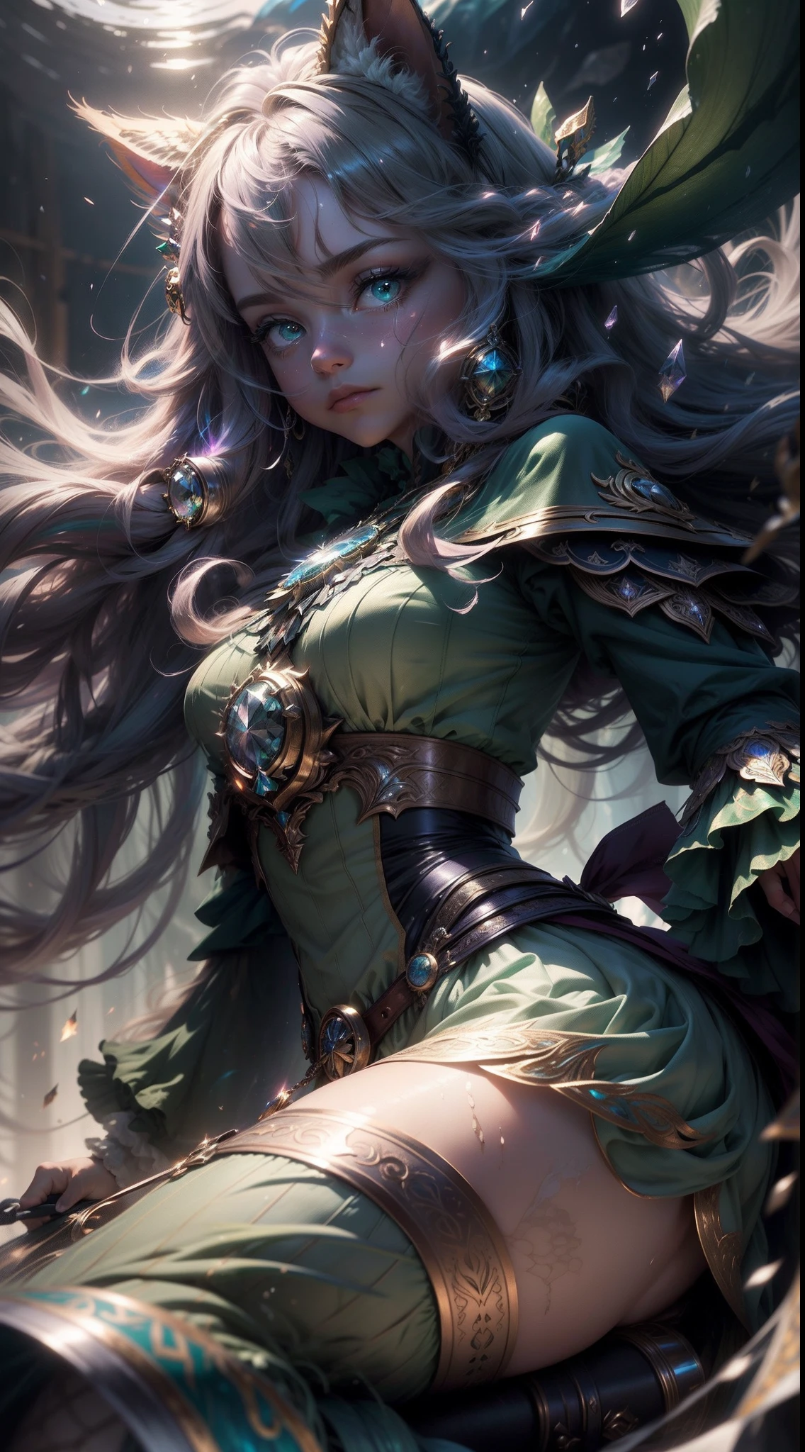 ((ultra-detalhado)), (Highly detailed CG illustration), ((um maincoon extremamente delicado e bonito)), Cinematic light, Create stunning fantasy art that mimics the style of the genre's currently rising masters. The artwork should contain elements of mythical fantasy with colorful details. ((Use multiple shades of blue, verde e aquarela pastel como esquema de cores principal.)) The maincoon in the artwork is a cute one with an aura of mystery and magic, olhos hipnotizantes com cores vibrantes e sombreamento arrojado. A pele do maincoon deve ser projetada com penas gossamer, seda, bordados deslumbrantes, e detalhes sutis iridescentes. Incorpore cores de sonho, dynamic lighting, and detailed background elements to create a sense of wonder and immersion. Include magical aura. Considerar, (((master part))), (((best quality)))