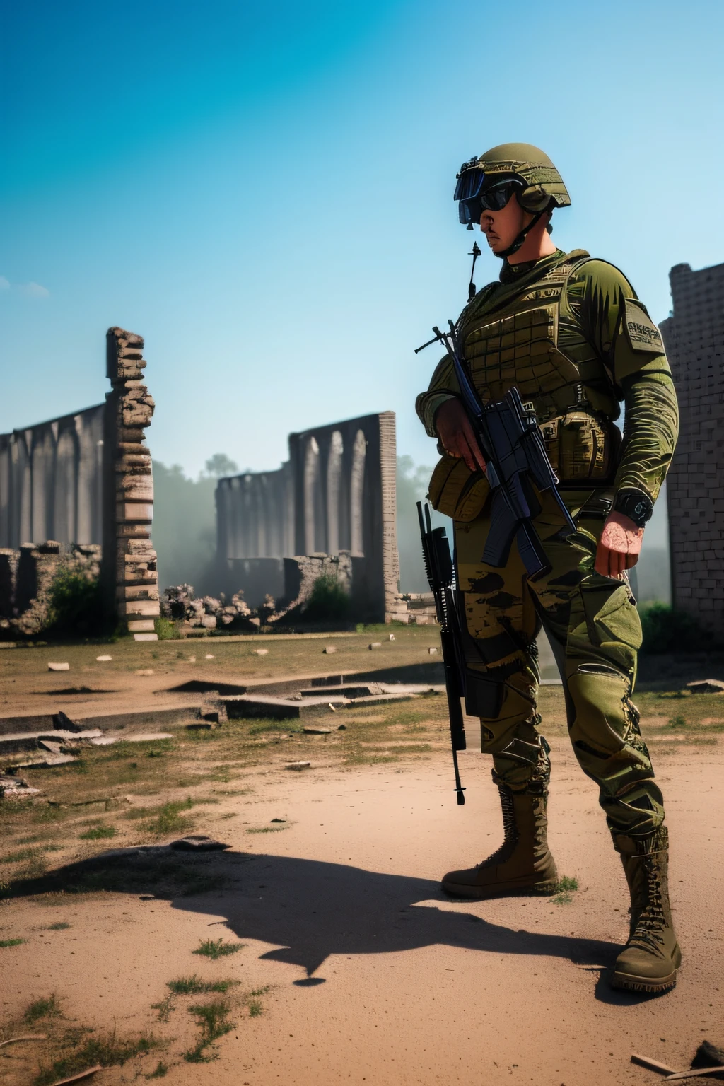 A special forces soldier armed with an M16A5 assault rifle, standing heavily on top of the rubble, lifeless around him,Tyndall Light, --auto