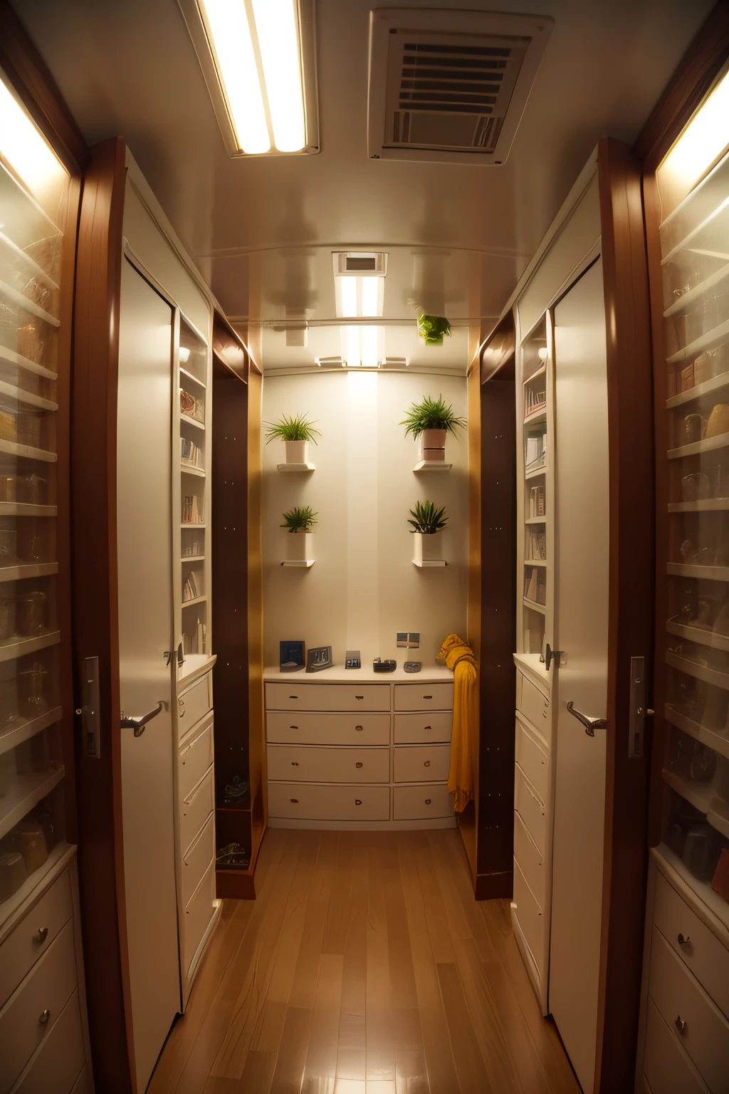 a room of a spaceship with a closet full of test tubes containing fetuses of various animals, plantas, e seres humanos, From the room of the ship you can see the planet Earth