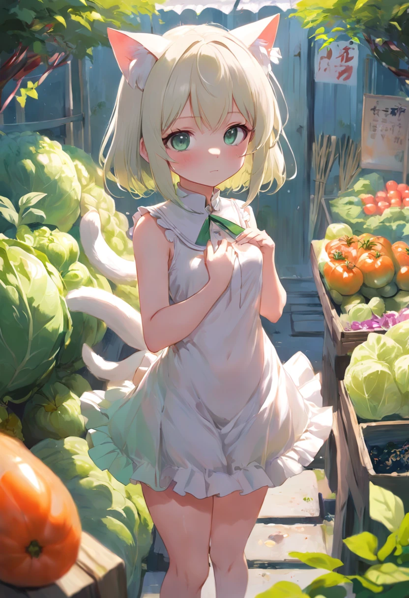 Sleeveless、Vegetable garden where anime cat-eared girl in white dress stands, Lori in a vegetable dress, small curvy loli, artwork in the style of guweiz, guweiz on pixiv artstation, guweiz on artstation pixiv, guweiz, small loli girl, soft anime illustration, Anime visuals of cute girls, Detailed Digital Anime Art, Sleeveless,