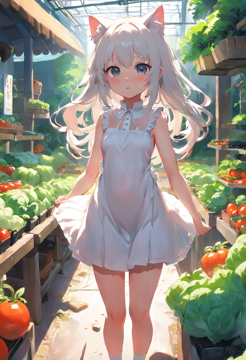 Sleeveless、Vegetable garden where anime cat-eared girl in white dress stands, Lori in a vegetable dress, small curvy loli, artwork in the style of guweiz, guweiz on pixiv artstation, guweiz on artstation pixiv, guweiz, small li girl, soft anime illustration, Anime visuals of cute girls, Detailed Digital Anime Art, Sleeveless,