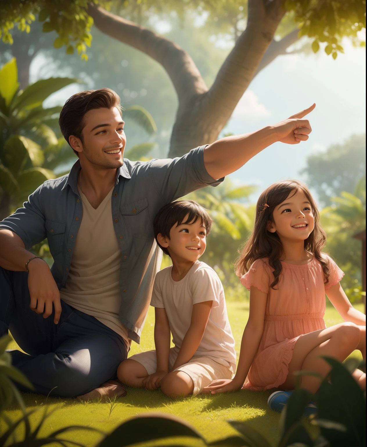"Generate a high-resolution ultra-realistic rendering, portraying a man accompanied by his two children—a girl and a boy—resting under a tree's shade. The man points toward the horizon, accentuating the natural beauty, while they engage in heartfelt conversation and share cheerful laughter. The scene emanates warmth and connection, all three adorned with smiles. The children are dressed comfortably, with a backdrop of lush vegetation and vibrant flora. Natural light envelops the scene, capturing intricate details. Smiles, laughter, joy."
