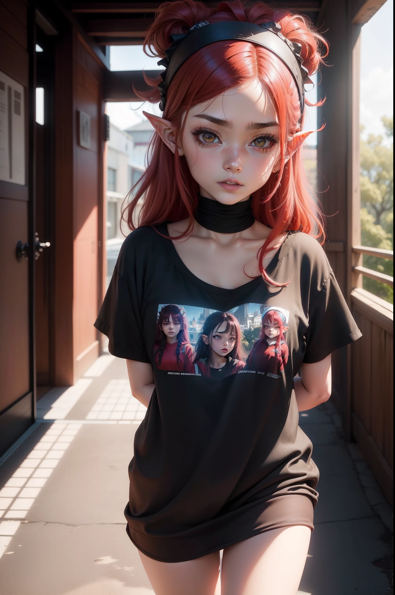 Chica anime, Pelo rojo, ojos grises, cara larga, Orejas de elfo, cara feliz, delgado, Ropa de moda, surrealismo, Sombra, Anaglifo, Estereograma, Tachi-E, Pov, atmosphric perspective, 8k, Super detail, ccurar, La mejor calidad