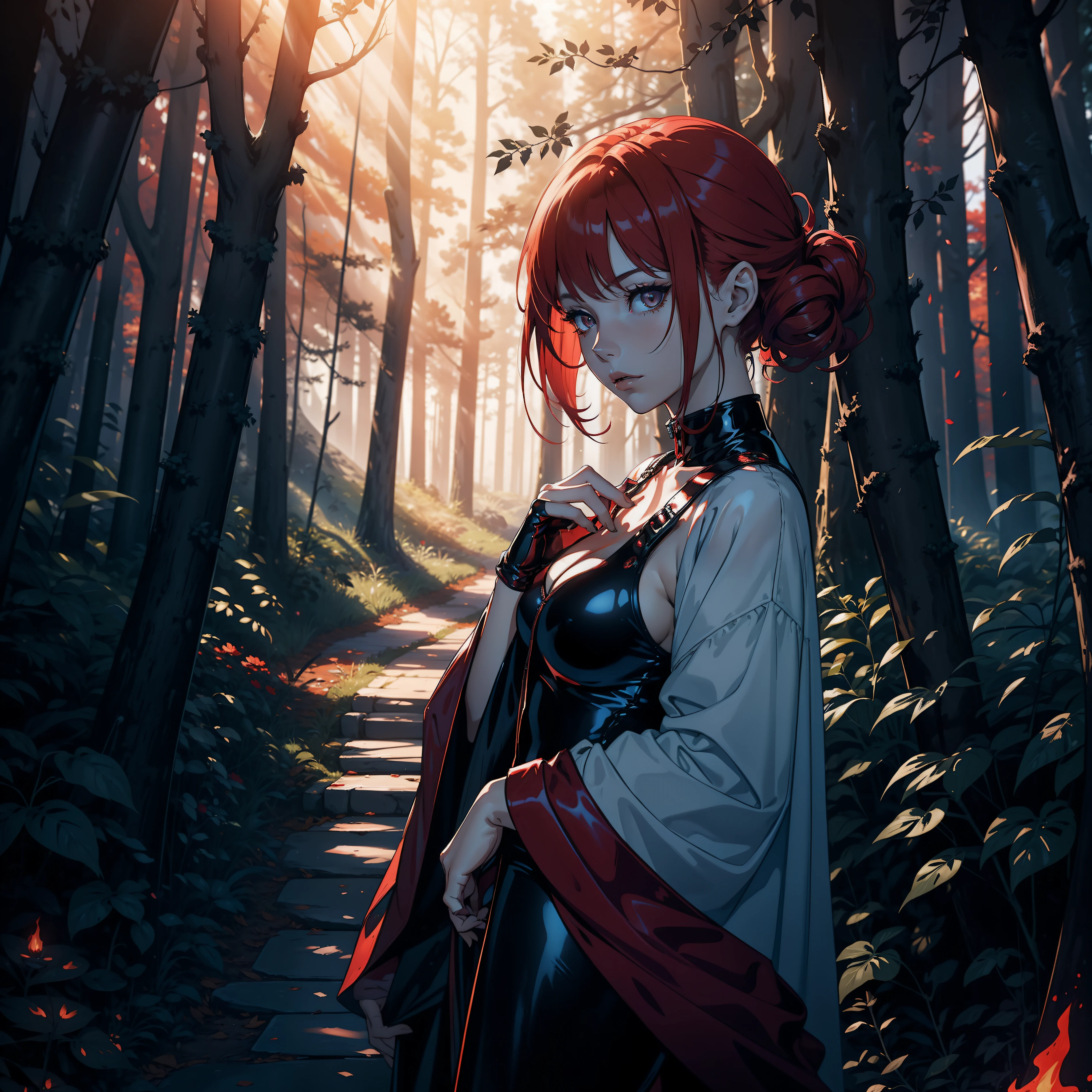 "A mesmerizing scene unfolds as a mysterious woman with fiery red hair, wearing a black latex catsuit and gloves, she gazes at the enchanting, gradually darkening magical forest."