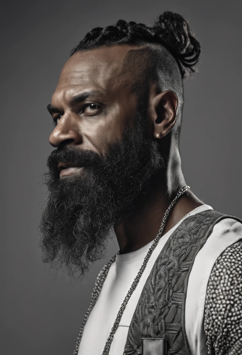 There's a man with a beard and a white tank top, Cornrows, Retrato tirado 8 K, taken in the early 2020s, retrato centrado no perfil lateral, braided beard, foto de perfil headshot, Foto de perfil, com cabelo e pele texturizados, um homem negro com longos cabelos cacheados, perfil lateral cenetered retrato, retrato de perfil lateral