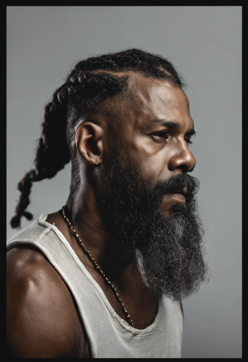 There's a man with a beard and a white tank top, Cornrows, Retrato tirado 8 K, taken in the early 2020s, retrato centrado no perfil lateral, braided beard, foto de perfil headshot, Foto de perfil, com cabelo e pele texturizados, um homem negro com longos cabelos cacheados, perfil lateral cenetered retrato, retrato de perfil lateral