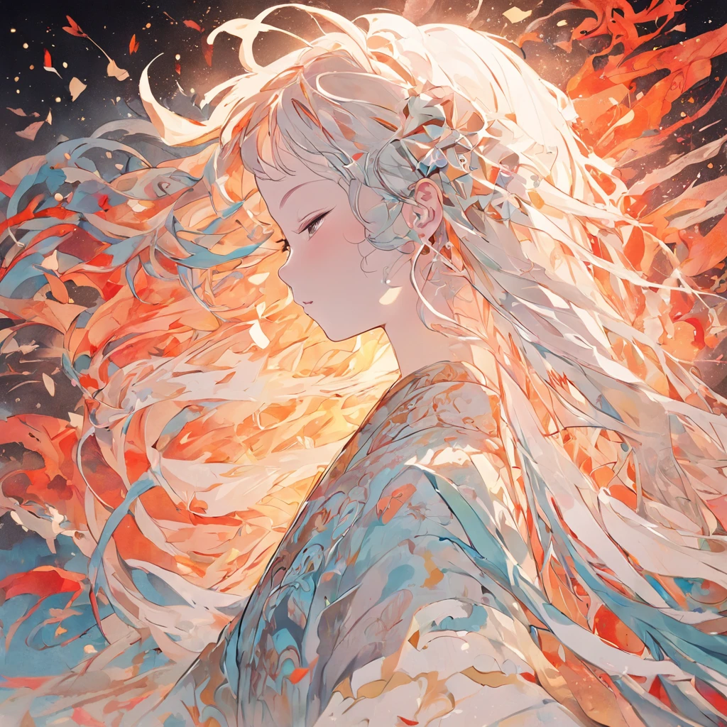 (White background:1.4),(Silhouette of a girl's head, Eyes closed, colorfull long hair, Oriental elements)，(Chinese illustration:1.3，paper art:1.3, Quilted paper art:1.2),( reasonable design, Clear lines, High sharpness,Best quality, Very detailed, Masterpiece, movie light effect, 4K )