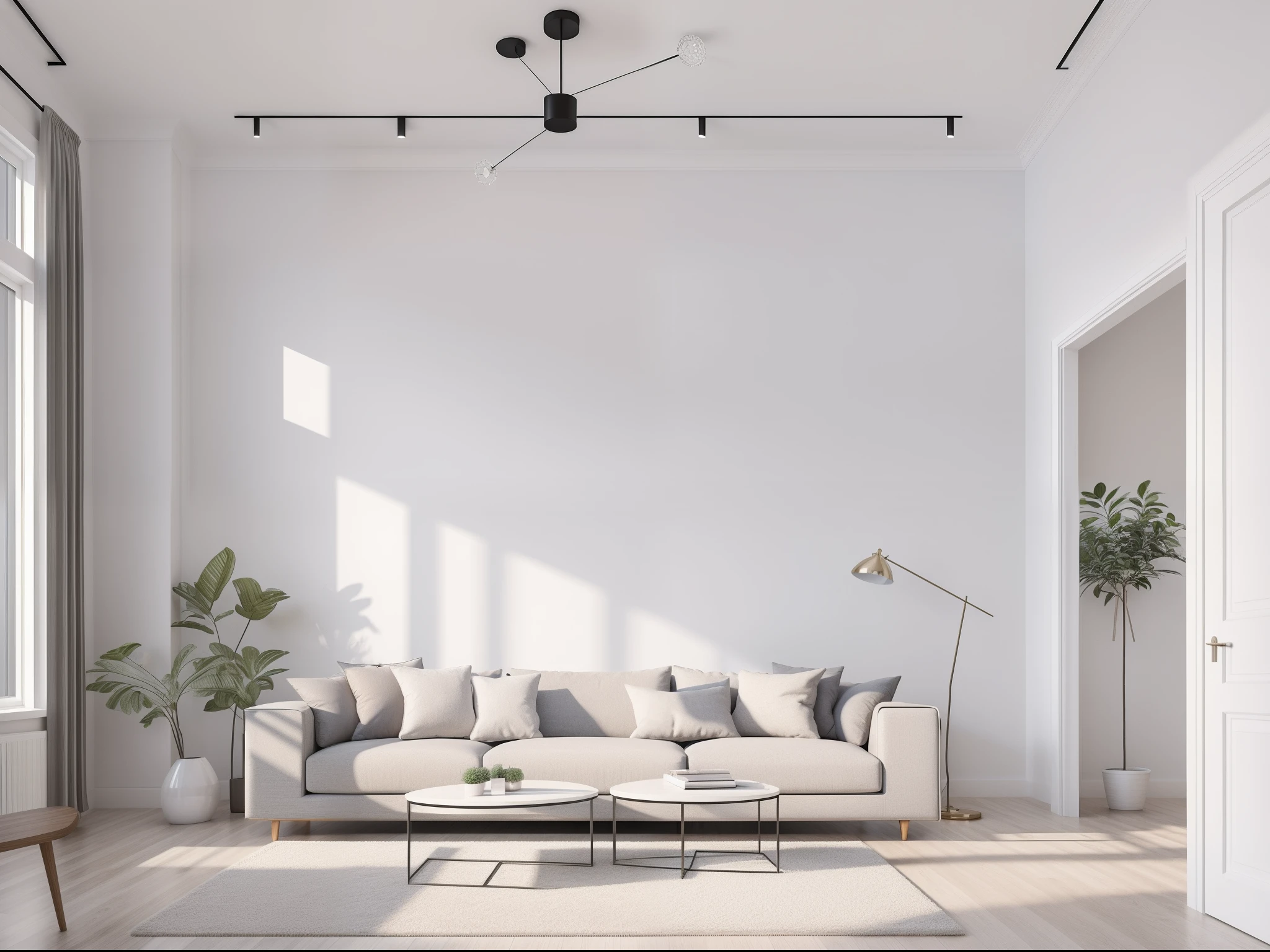 A modern airy living room with a blank white wall, no paintings, no wall decor, cinematic, realism, crystal clear, micro-details, photorealism, photorealistic