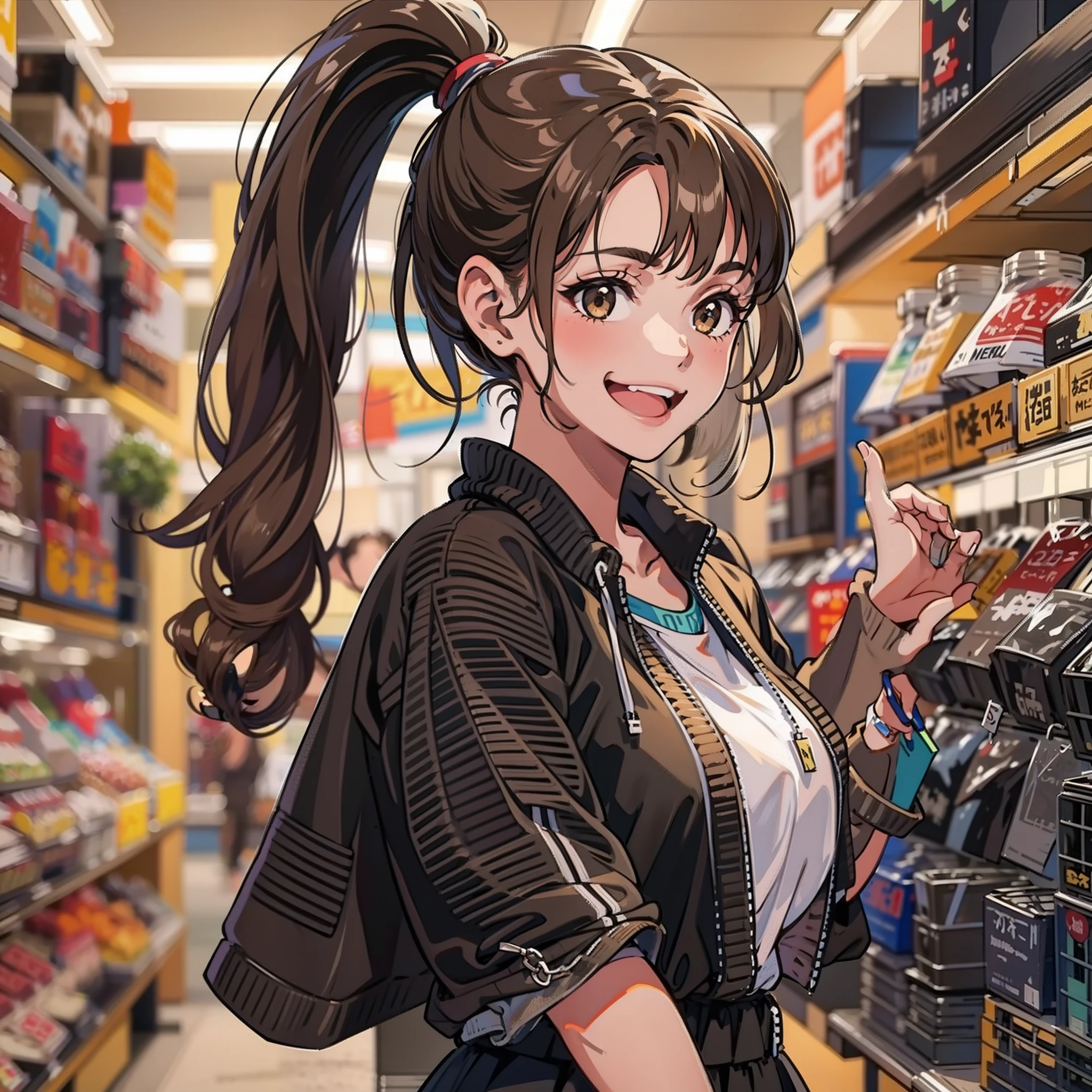 19-year-old girl,wearing a black dress,athletic sneakers,brown hair,Tie a ponytail,Face details,Happy expression,Shopping