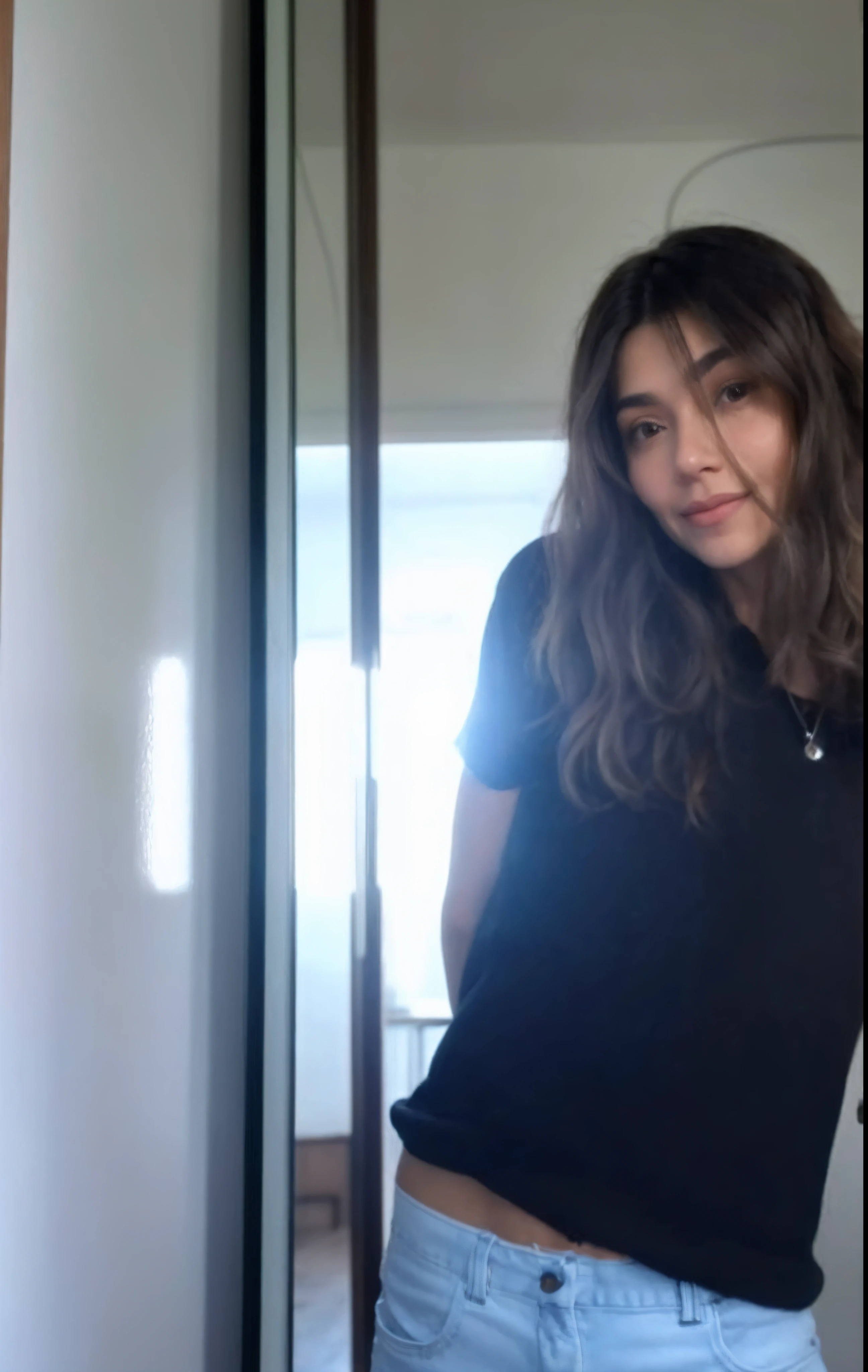 there is a woman taking a selfie in a mirror, 18 anos, imagem de perfil, imagem de qualidade muito baixa, standing in a dimly lit room, taken in the early 2020s, 1 6 anos, foto de perfil, foto de perfil, foto do perfil, em torno de 1 9 anos, imagem desfocada, inspirado por Ion Andreescu, com cabelos longos