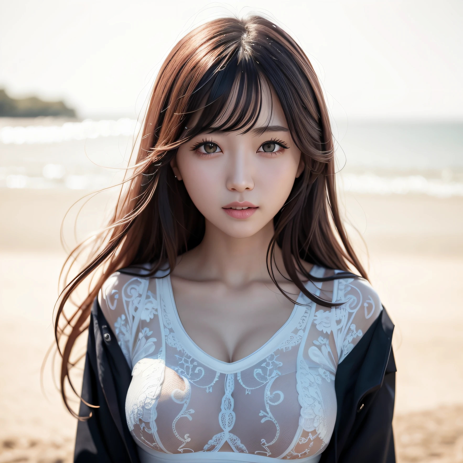 Female, 22 years old、Face and body are facing straight、large full breasts、Calm expression with lowered eyes((in 8K, Raw photo, Highest Quality, masutepiece), high definition RAW color photos professional close-up photos, (Realistic, photorealisim:1. 37), (Highest Quality), (Best Shadow), (Best Illustration), ((Erotic, Sexy, )) 超A high resolution, extremely detailed CG unified 8k wallpaper, physically-based renderingt, Cinematic lighting), 22-year-old girl , Straight hair,(Large breasts), (pink half-transparent sport bra:1.1), ((half coat outside:1.2)), cleavage, Beautiful detailed eyes, (aegyo sal), Light on Face, ((Full body shot)), especially strong light, Feminine Expressions, Shy, ((enchanting posture, enticing, Sexy Posing:1.2)), Smiling, (Perfect fingers), (ulzzang -6500-v1.1:0.2)