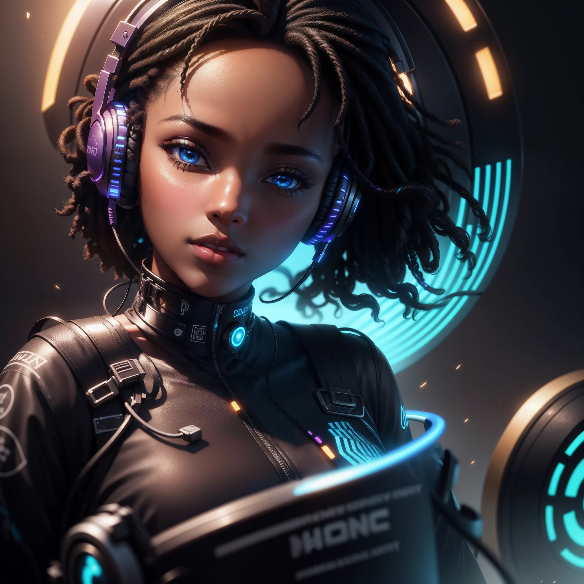 A beautiful black girl with headphones on with a colorful background, listening to music, with iridescent light, highly detailed images, vibrant beautiful colours, photorealistic image, 8k, ultra HD, unreal engine rendered, cinematic lighting, artgerm style,