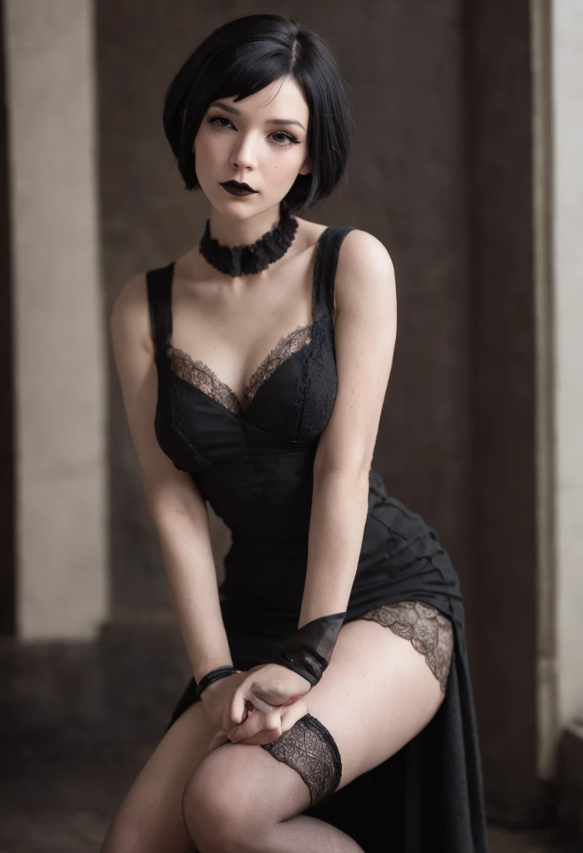 A portrait of an alluring goth girl with short black hair, a small bust, and a curvy figure posing with her finger gently pressed against her lips as she gazes downward. She sits on the floor, her legs partially crossed wearing a short, black pleated skirt that reveals her pale thighs and sheer black thigh-high stockings. Her jet black, pixie-cut hair frames her face. She wears dark purple lipstick that matches her black corset, accentuating her tiny waist and ample hips. A black choker collar sits around her elegant neck. Her eyes are cast downward with alluringly darkened lashes. She exudes a mysterious yet beguiling aura. The lighting accentuates the contours of her curvy, petite posed form and clothing details. The nondescript background keeps the focus on her gesture and outfit. The image is photorealistic with intimate detail.