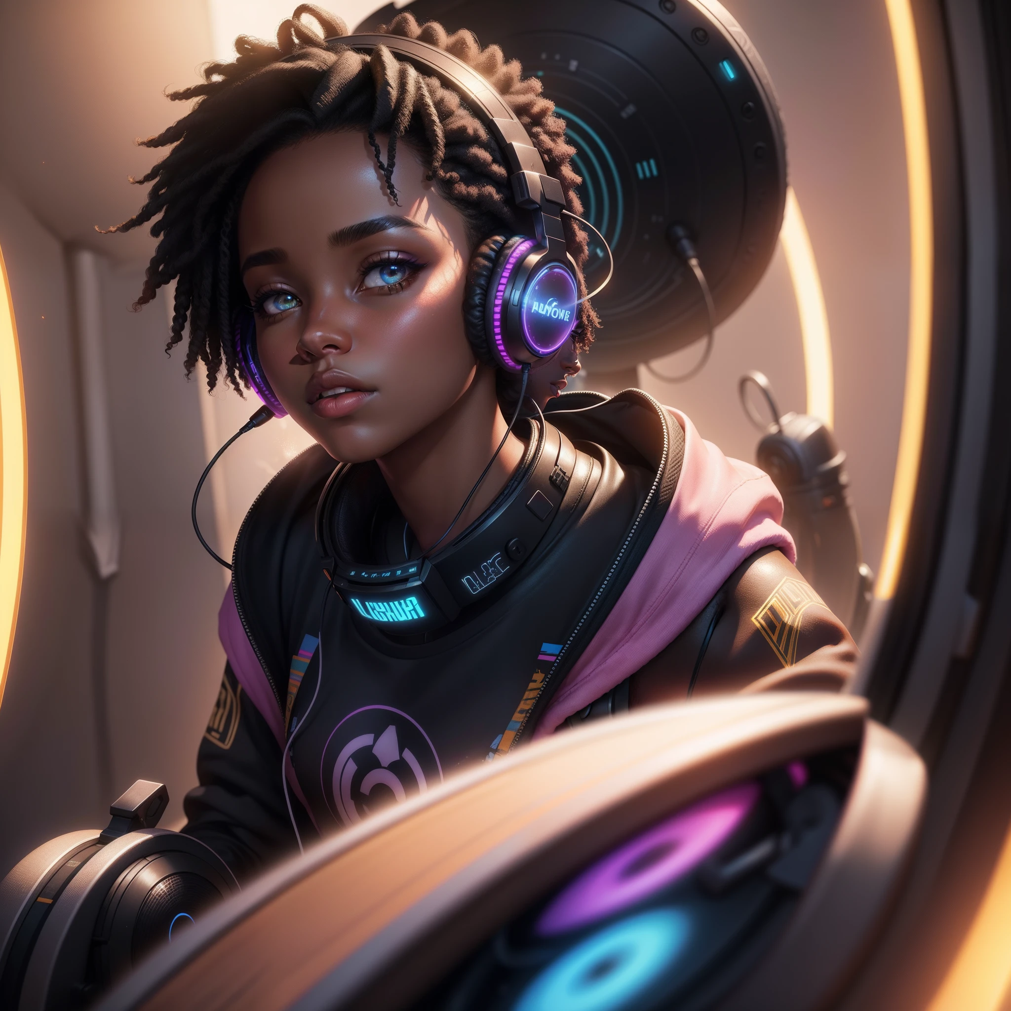A beautiful black girl with headphones on with a colorful background, listening to music, with iridescent light, highly detailed images, vibrant beautiful colours, photorealistic image, 8k, ultra HD, unreal engine rendered, cinematic lighting, artgerm style,