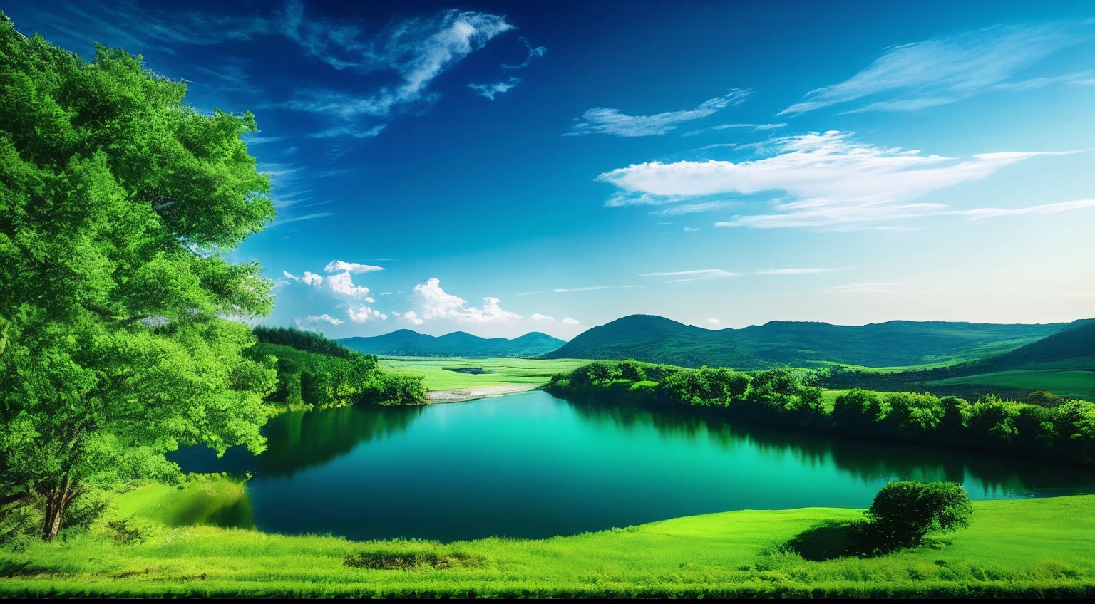 scenecy， exteriors， Skysky， Clouds， daysies， No Man， mont， in a panoramic view， Eau， The tree， blue-sky， naturey， Lake， flod， mostly cloudy sky，（blue-sky，Green trees，Green meadows，Lake surface）