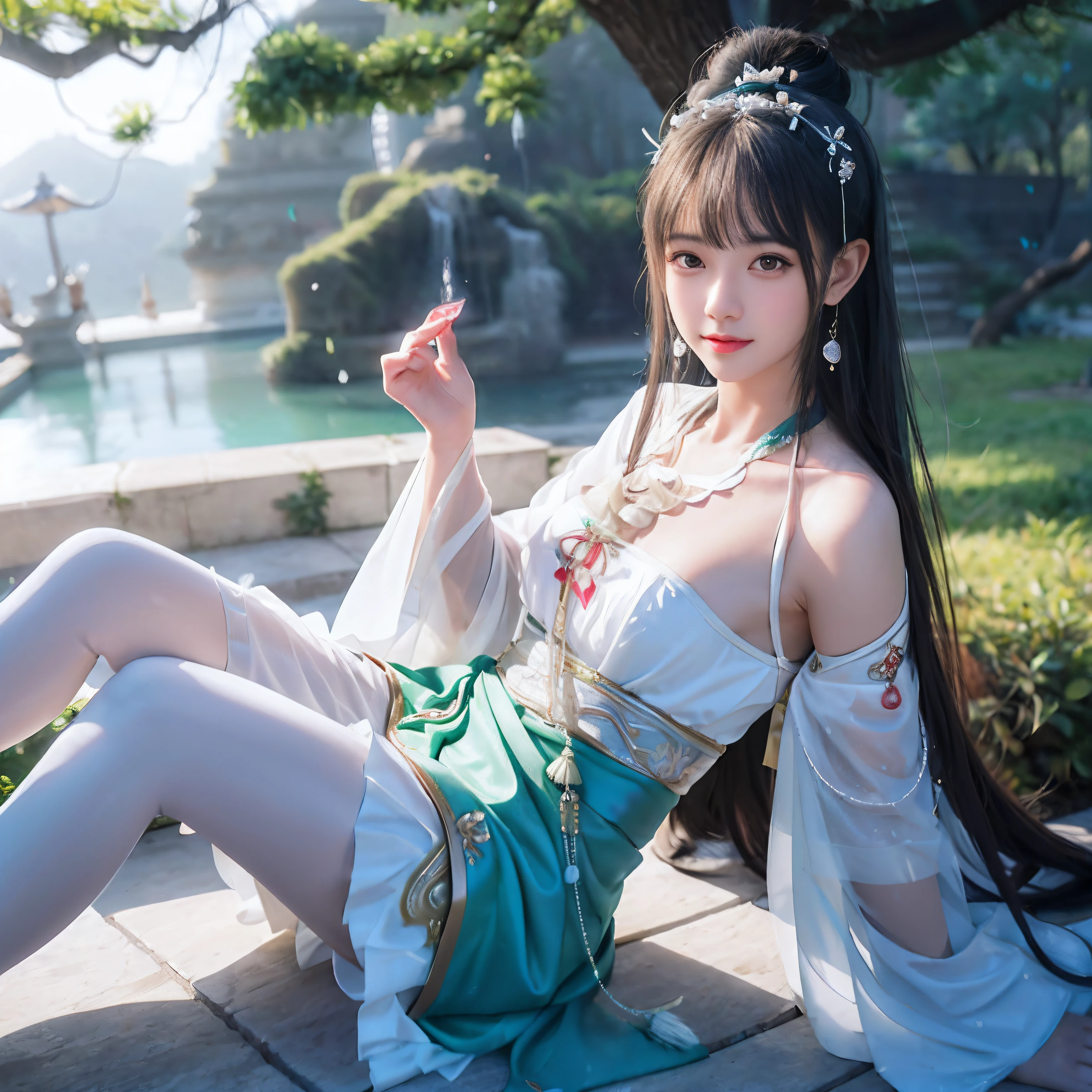 1girl, solo, brunette hair, ,(blood volume: 1),, whole body,, (realism: 1.4), official art, unreal 8k wallpaper, super detailed, beautiful aesthetics, masterpiece, best quality, (dynamic angle: 1.4), , elegant, bright colors, romanticism, sexy, transparent, see-through, Chinese hanfu, bare breast, (transparent skirt), barefoot, (wet), (see-through), (liquid flowing down the thigh), light blue skirt,