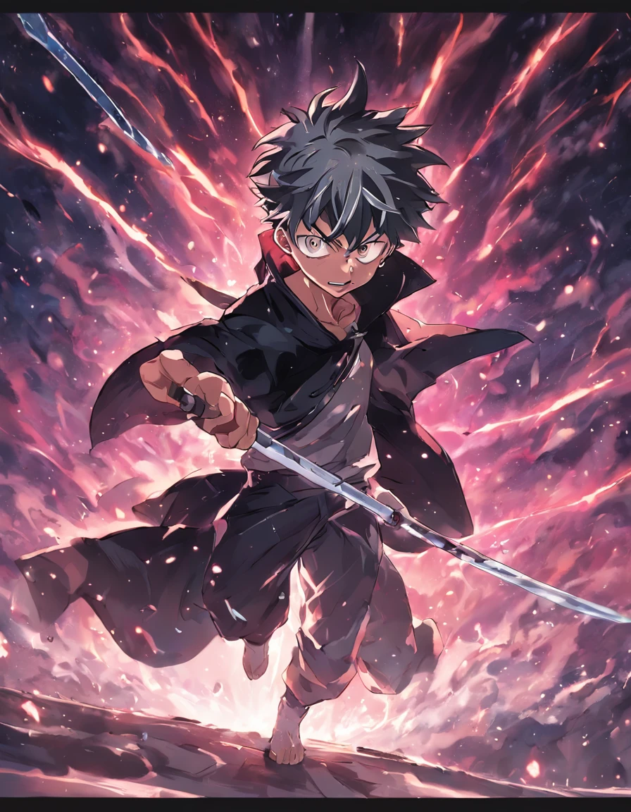 Asta from Black Clover, fierce and determined, wielding his anti-magic swords, surrounded by a powerful aura of black mana, in an intense battle against a formidable enemy.
