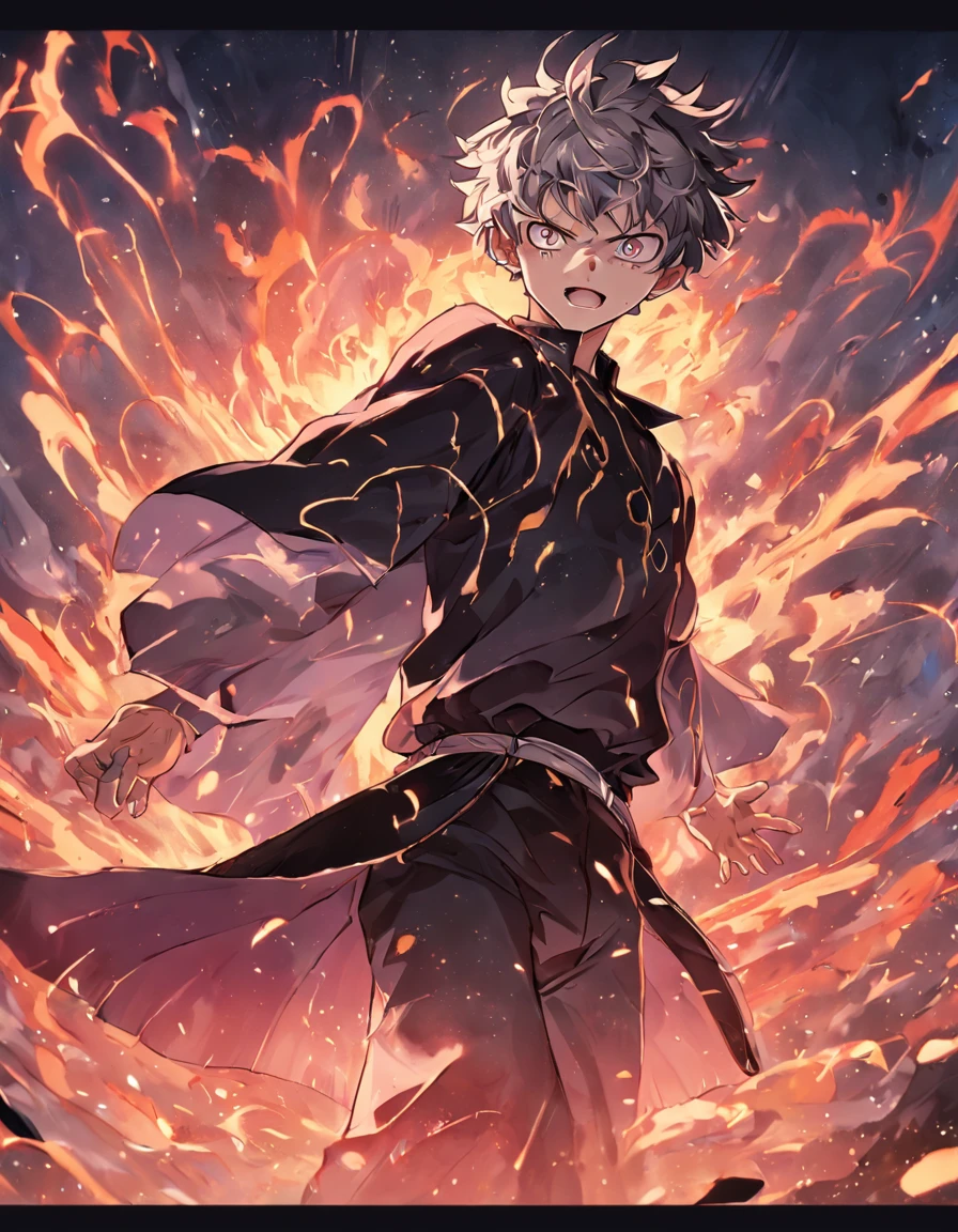 Asta from Black Clover, fierce and determined, wielding his anti-magic swords, surrounded by a powerful aura of black mana, in an intense battle against a formidable enemy.
