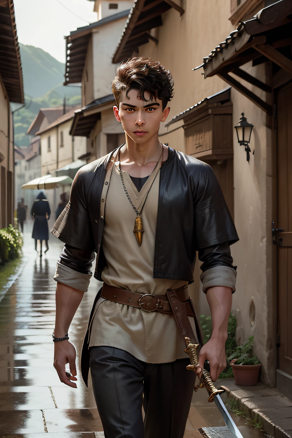 Young man, walking through a village, portrait, character with short curly hair, with a sword in his hand, piercing gaze. Village street full of people, rainy day.
