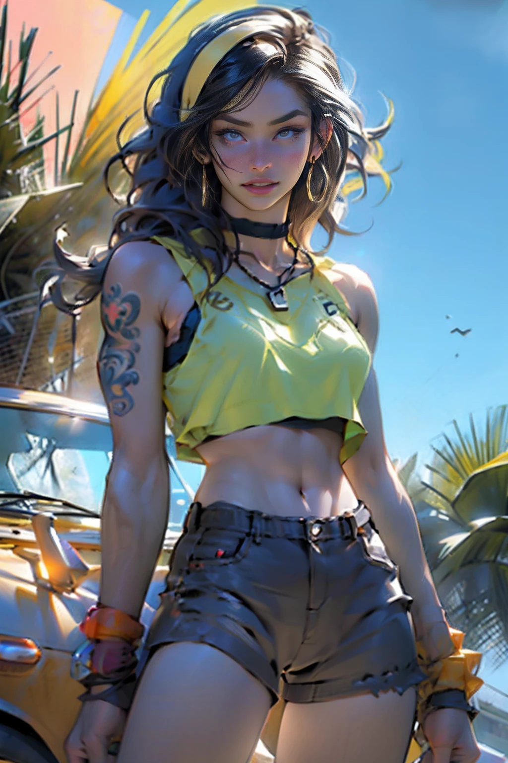 Misty, muito sensual, com roupas de funkeira, brasileira, na cidade do rio de janeiro, Brasil, dancing funk, rebolando, bunda grande, pernas grossas, usando um short jeans extremamente curto, usando uma mini blusa, umbigo com pirsing, sneakers Nike, cabelo comprido, Speaker behind, corpo inteiro, muito realista, extremamente sexy, 8k, 8k extremamente detalhado), (um extremamente delicado e bonito), (obra-prima), (melhor qualidade: 1.0), (ultra highres:1.0)