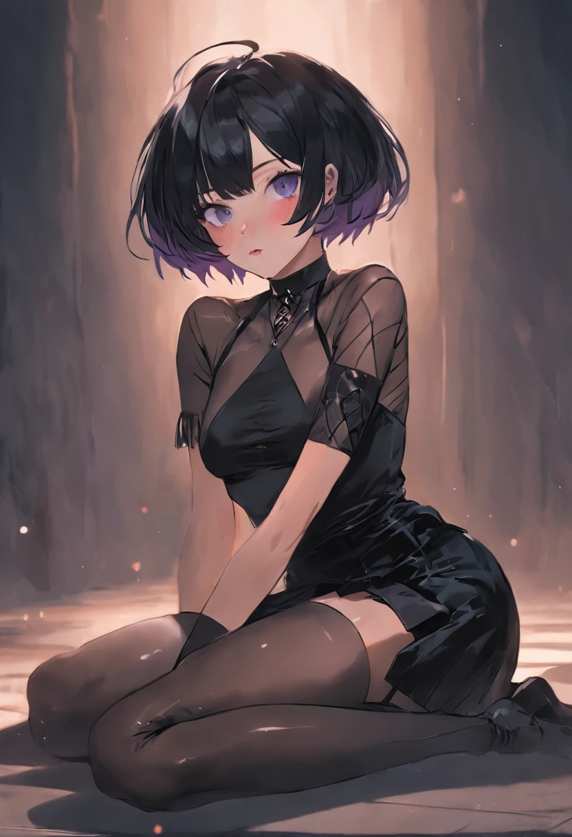 A portrait of an alluring goth girl with short black hair, a small bust, and a curvy figure posing with her finger gently pressed against her lips as she gazes downward. She sits on the floor, her legs partially crossed wearing a short, black pleated skirt that reveals her pale thighs and sheer black thigh-high stockings. Her jet black, pixie-cut hair frames her face. She wears dark purple lipstick that matches her black corset, accentuating her tiny waist and ample hips. A black choker collar sits around her elegant neck. Her eyes are cast downward with alluringly darkened lashes. She exudes a mysterious yet beguiling aura. The lighting accentuates the contours of her curvy, petite posed form and clothing details. The nondescript background keeps the focus on her gesture and outfit. The image is photorealistic with intimate detail.