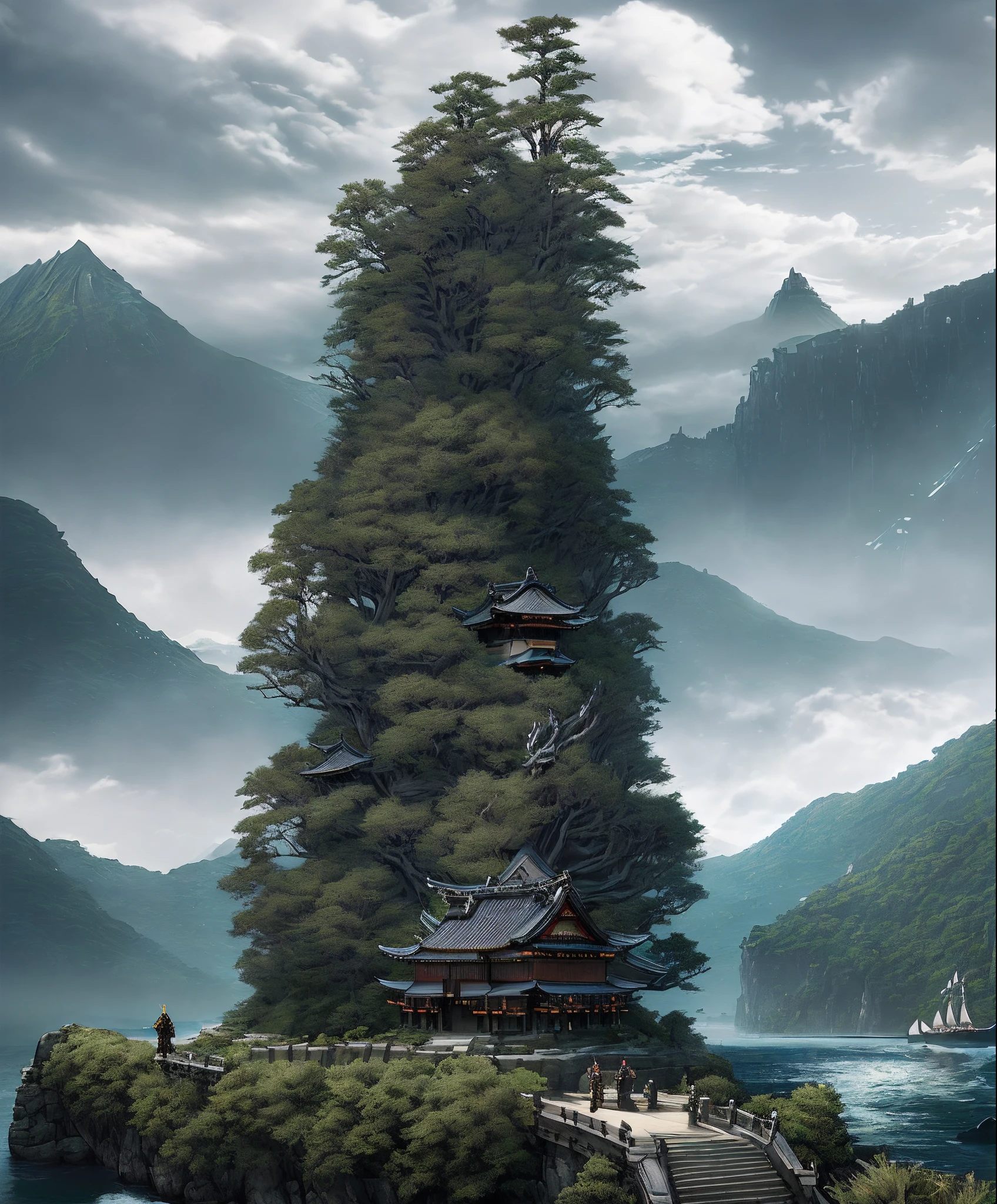 (epic style), fantasy scene, ultra realista, (Ultra-detailed cinematic environment), (Enfoque detallado de la cara), ((1 murderous girl with sabers and samurai dress on a boat)), Hermoso lago, Detailed trees and shrubs, natural lighting, Ambiente relajante